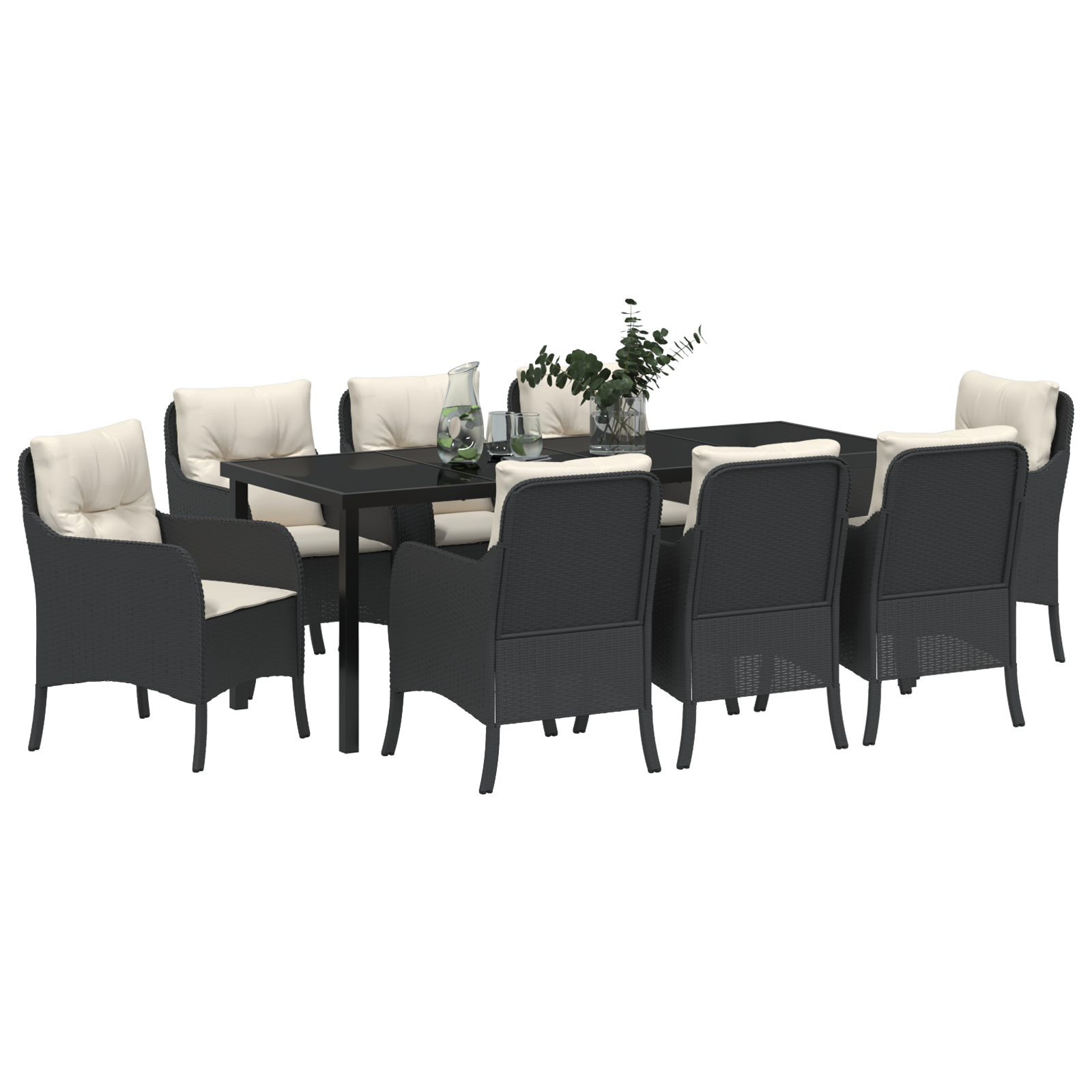 vidaXL 9-delige tuinset met eettafel en kussens zwart poly rattan