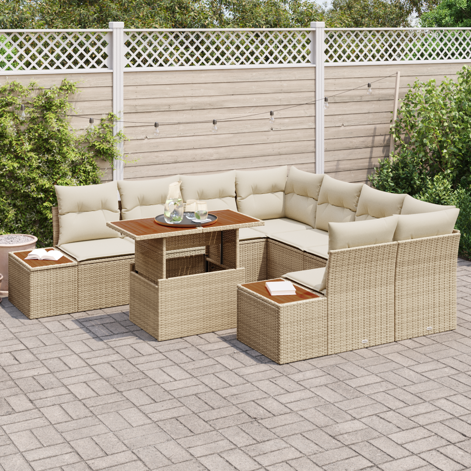 vidaXL 9-delige Tuinset met kussens poly rattan acaciahout beige