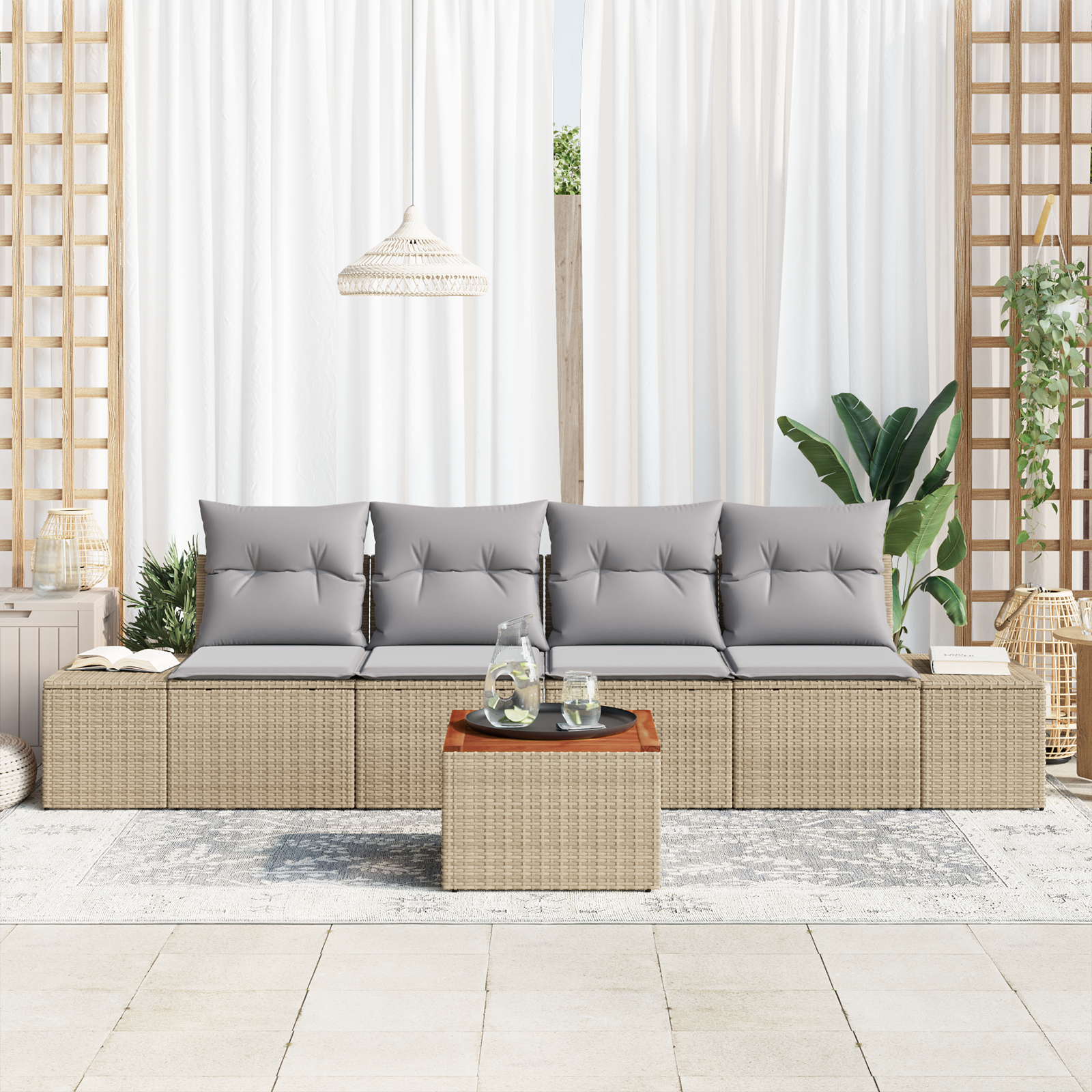 vidaXL 5-delige Tuinbank Set met Kussens Beige Poly Rattan Acacia