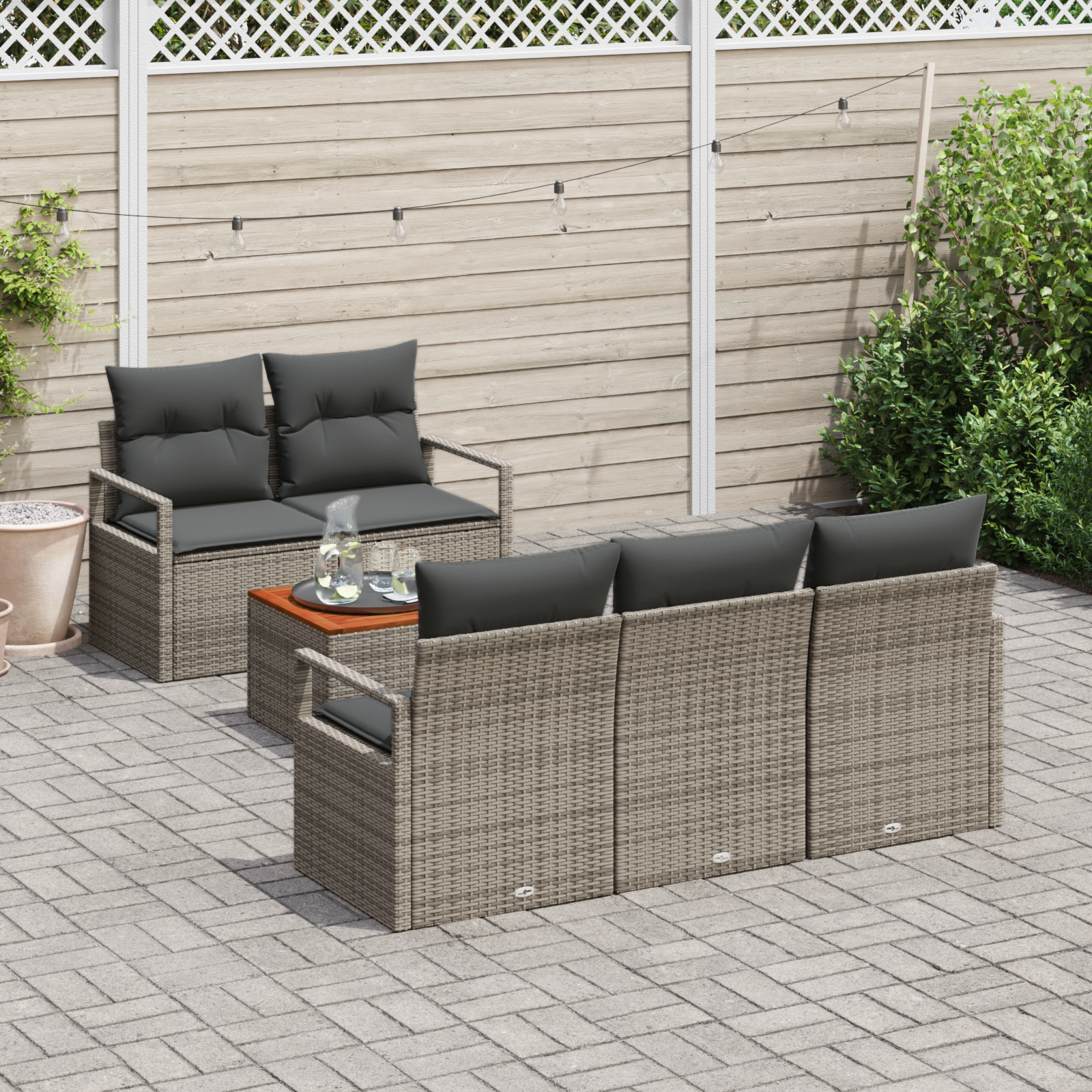 vidaXL 6-delige tuinset met kussens in grijs poly rattan en acacia