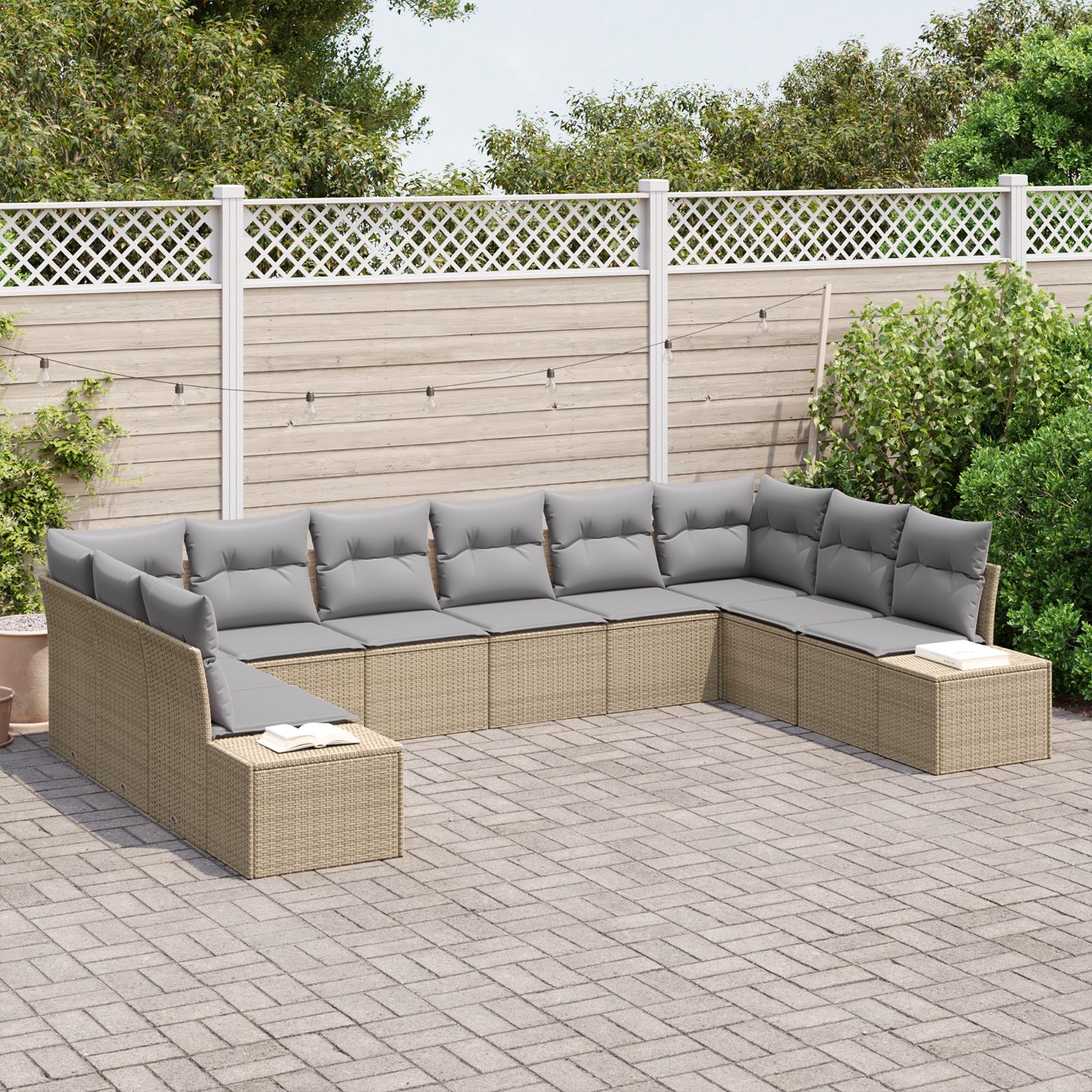 vidaXL 10-delige Tuinbankenset met kussens poly rattan beige