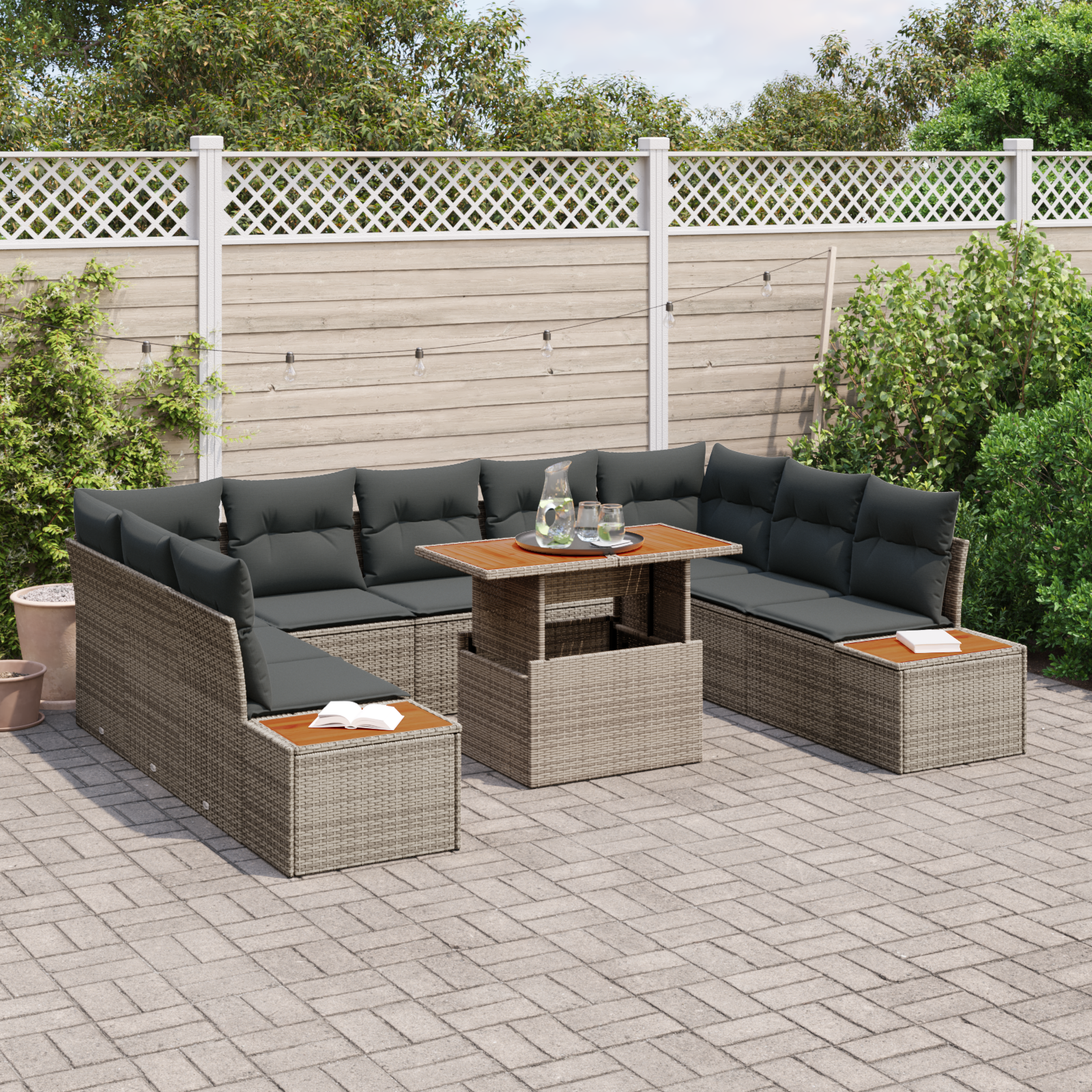vidaXL 10-delige Tuinset met kussens poly rattan acaciahout grijs