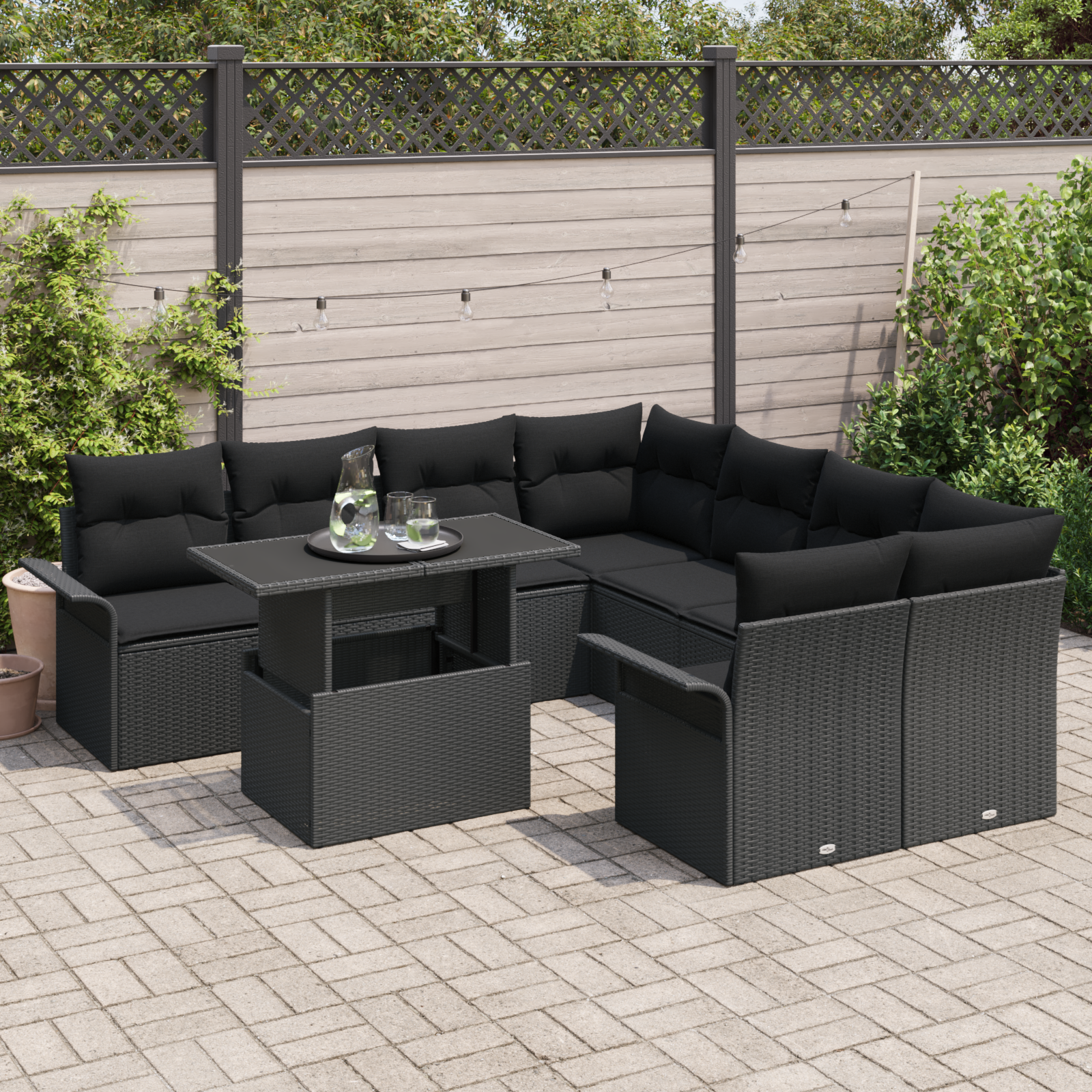 vidaXL 9-delige tuinbank set met kussens zwart poly riet