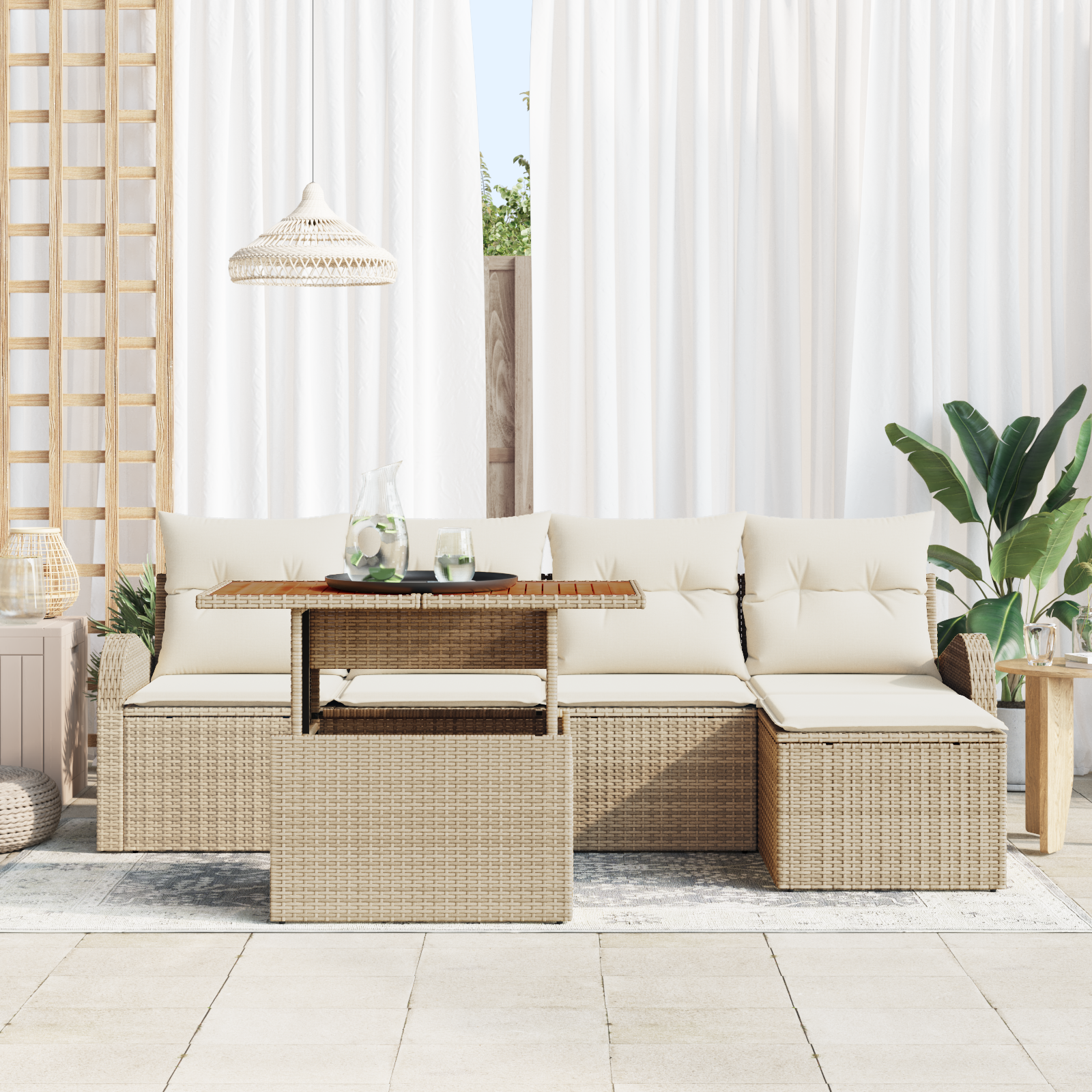 vidaXL 6-delige tuin eetset met kussens in beige poly rattan en acacia