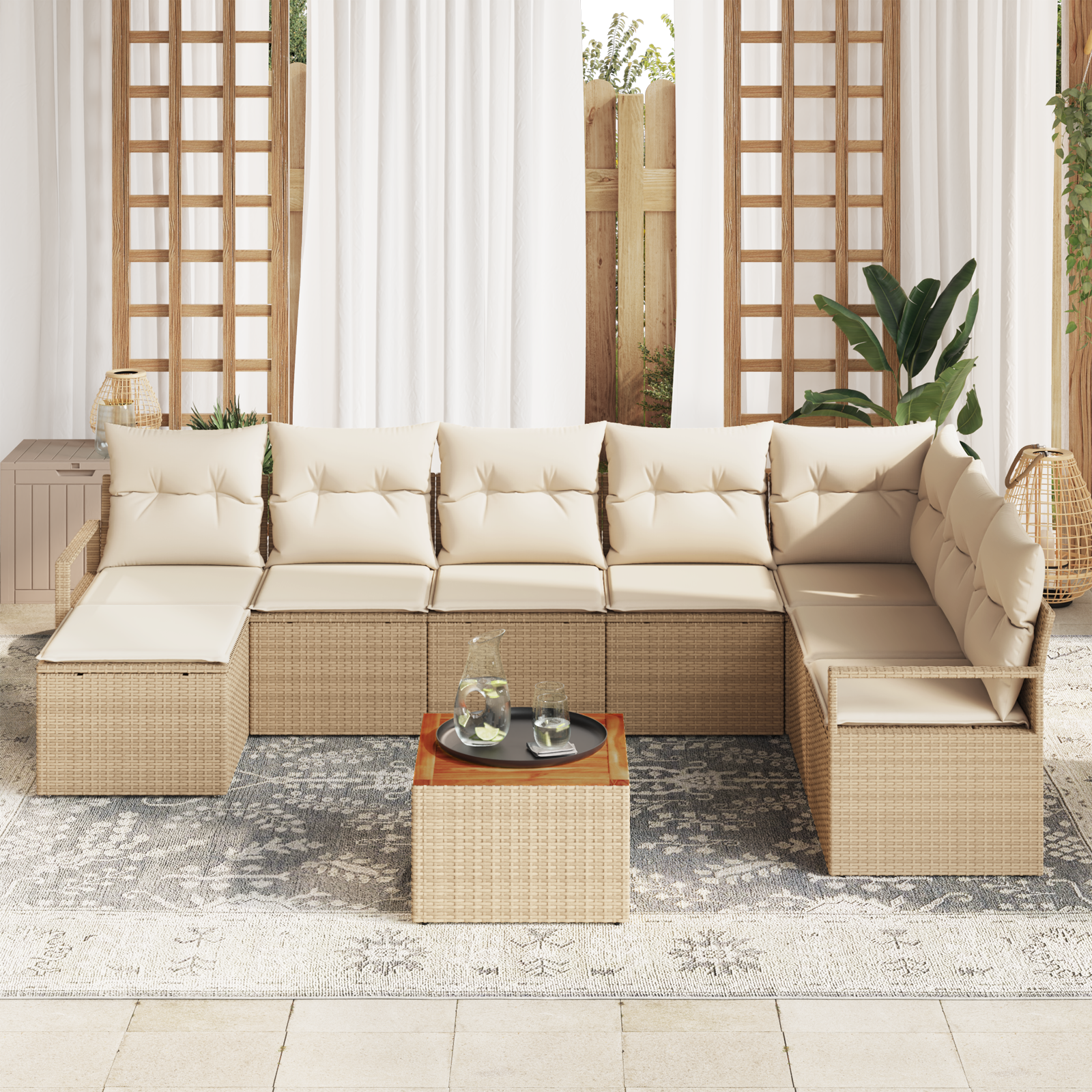 vidaXL 9-delige Tuinbankenset met kussens poly rattan acacia beige