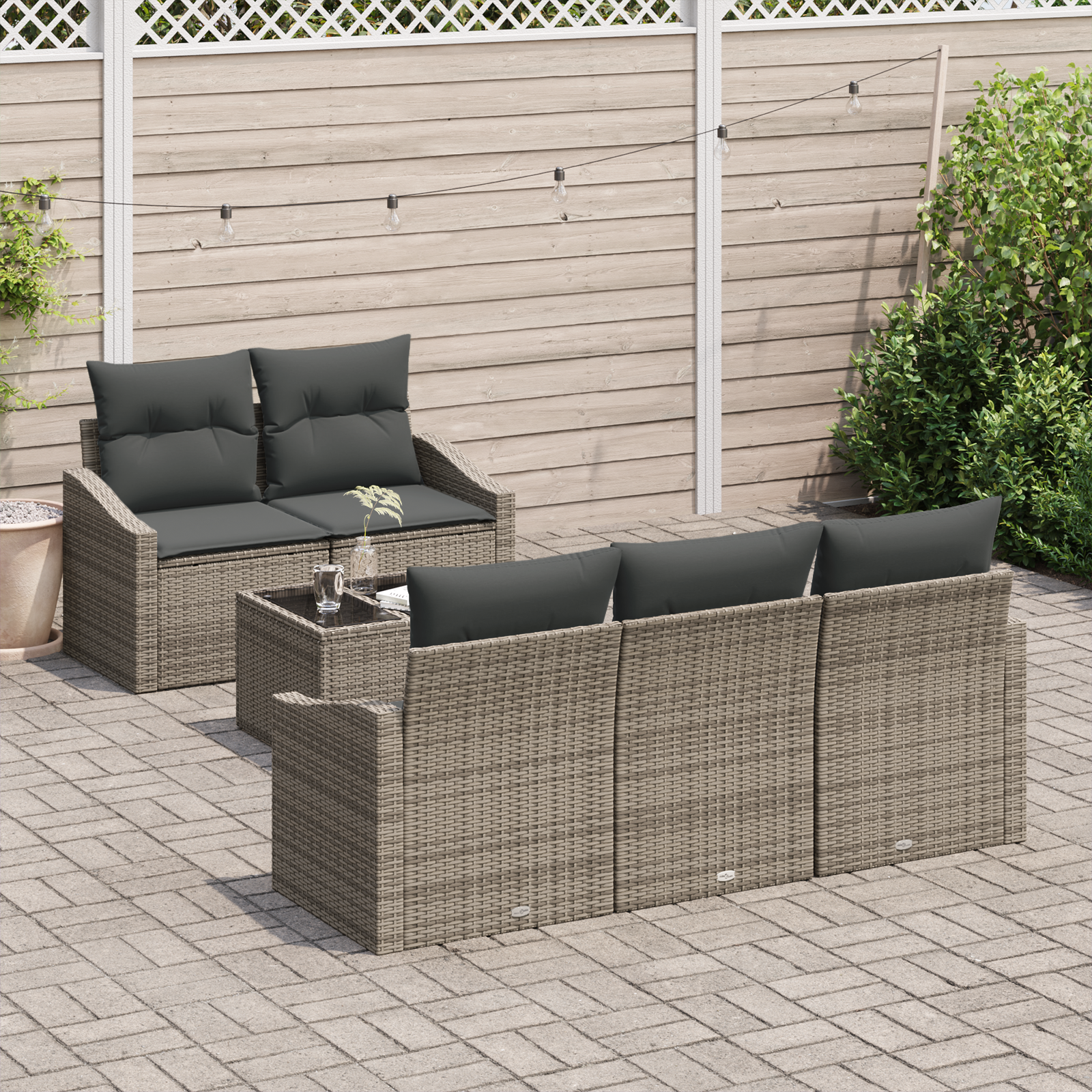 vidaXL 6-delige tuinset met kussens Grijs poly rattan