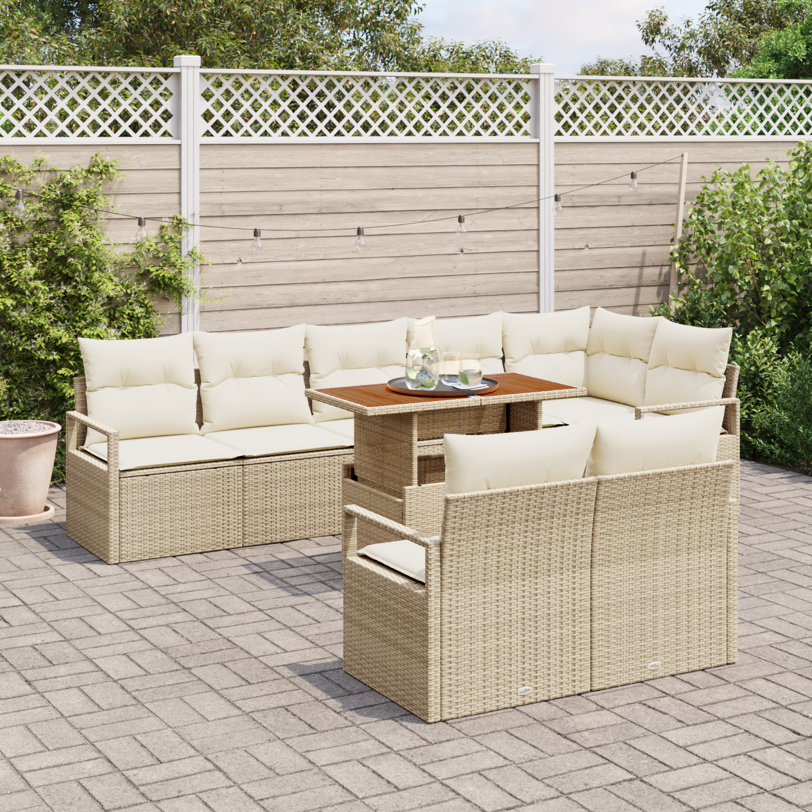 vidaXL 9-delige tuinset met kussens in beige van poly rattan en acacia