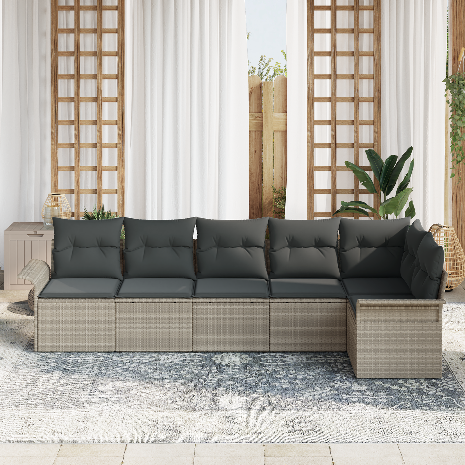 vidaXL 6-delige Tuinbankenset met kussens poly rattan lichtgrijs