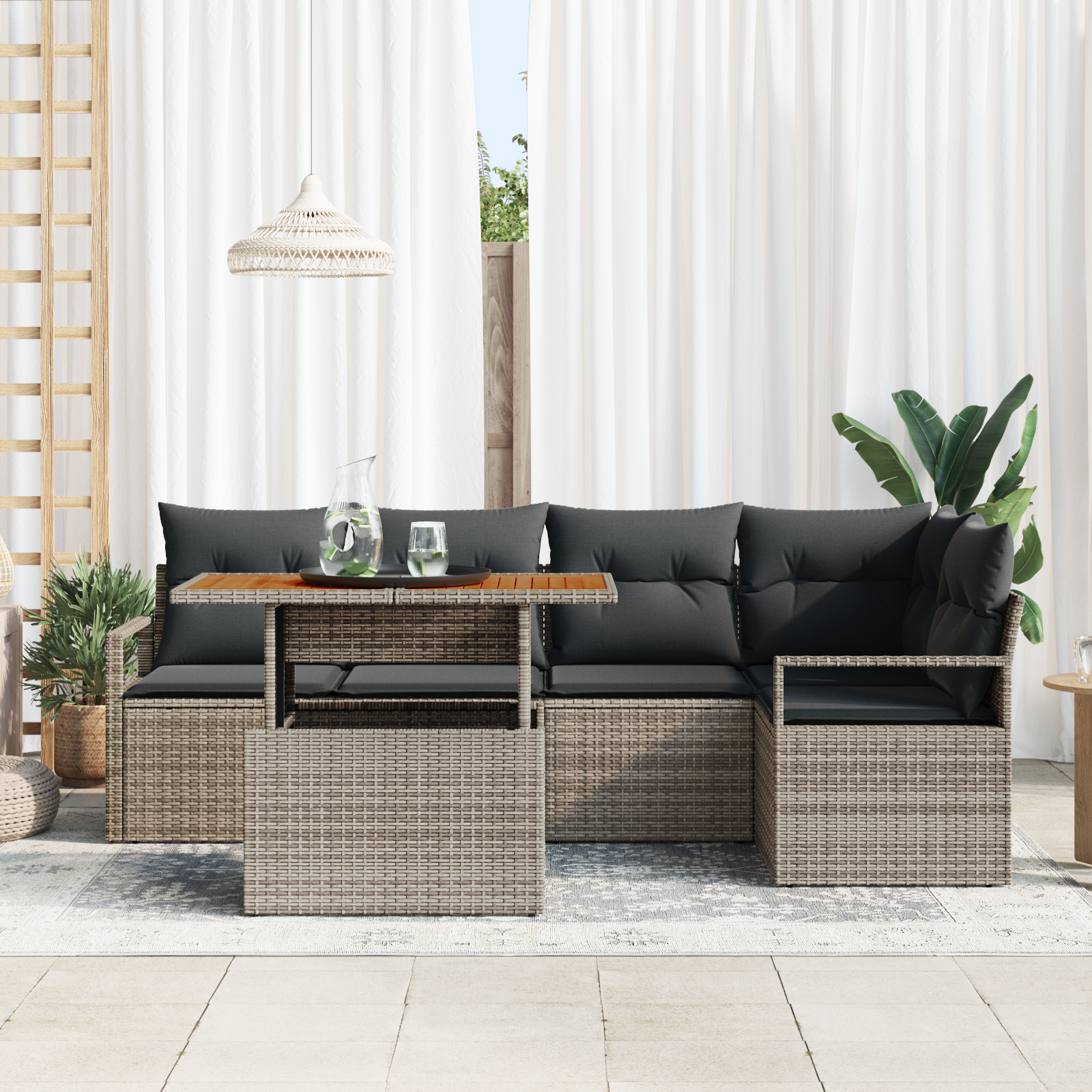 vidaXL 6-delige tuinsofa set met kussens in het grijs, gemaakt van poly rattan en acacia