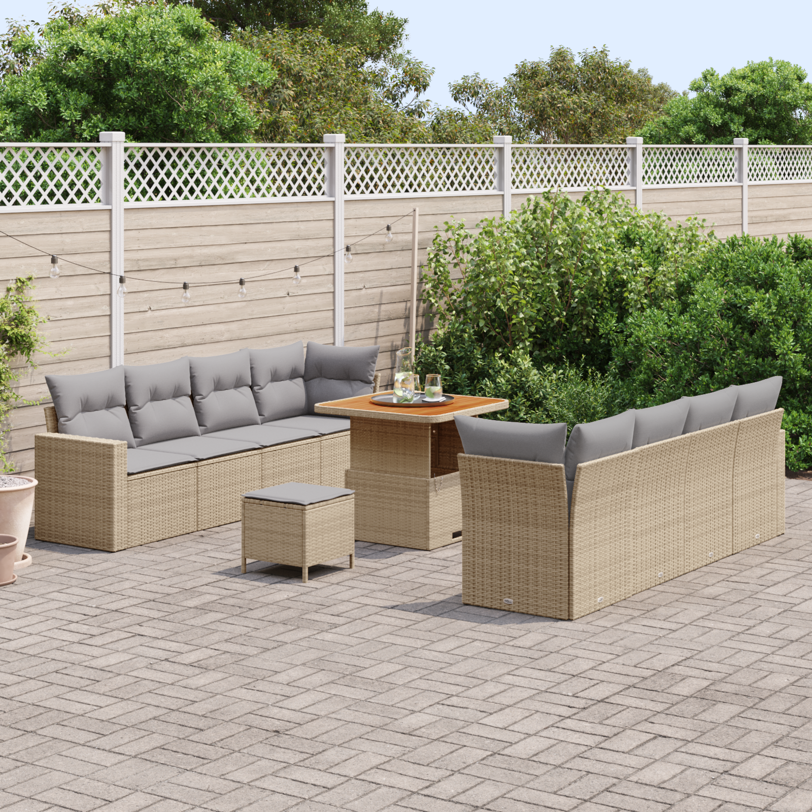 vidaXL 11-delige tuinbankset met kussens in beige poly rattan en acacia