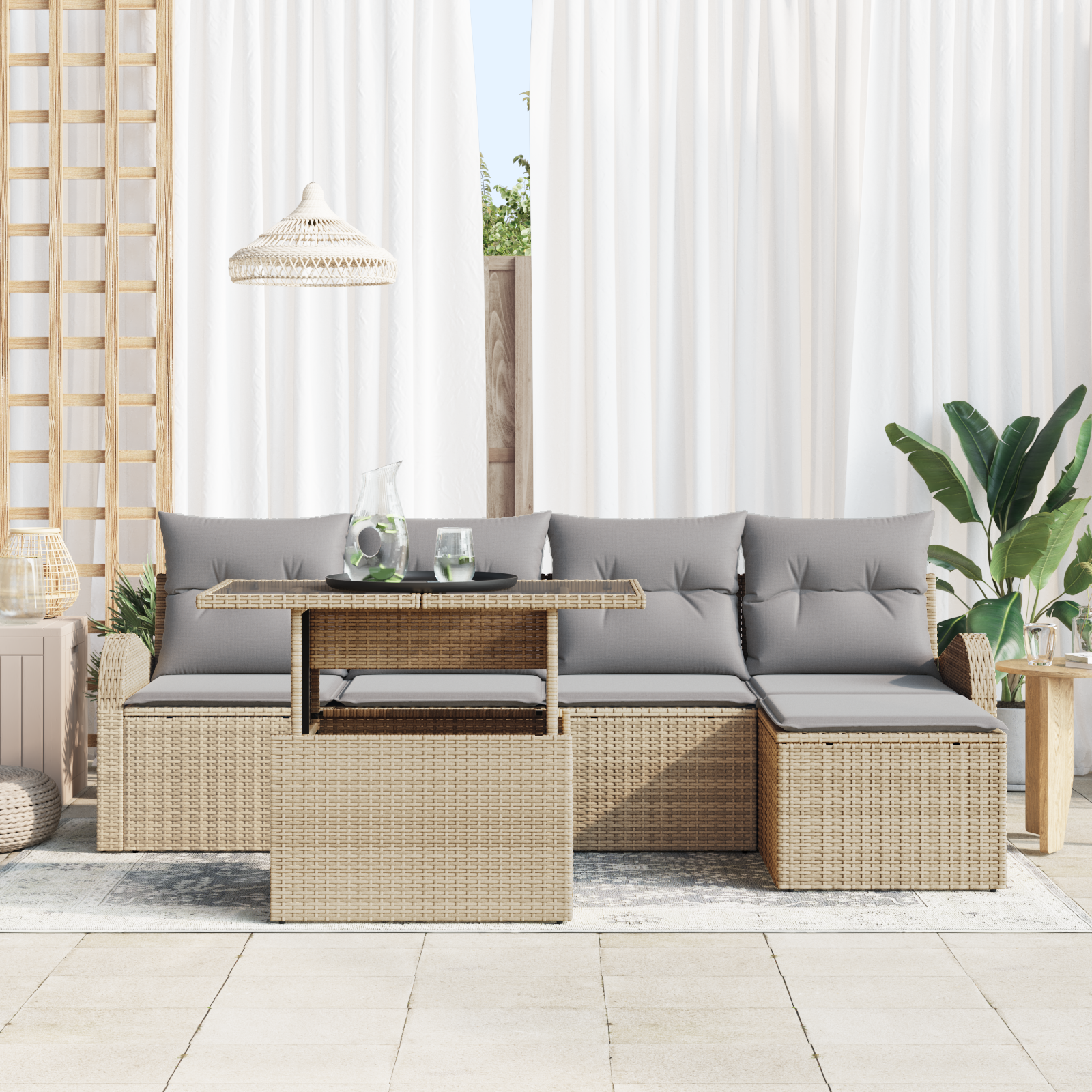 vidaXL 6-delige Tuinbankenset met kussens poly rattan beige