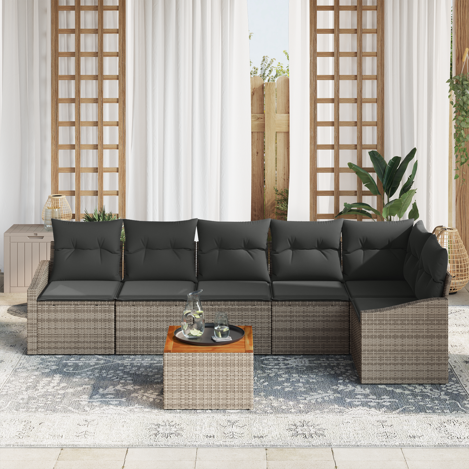 vidaXL 7-delige Tuinbankenset met kussens poly rattan acaciahout grijs