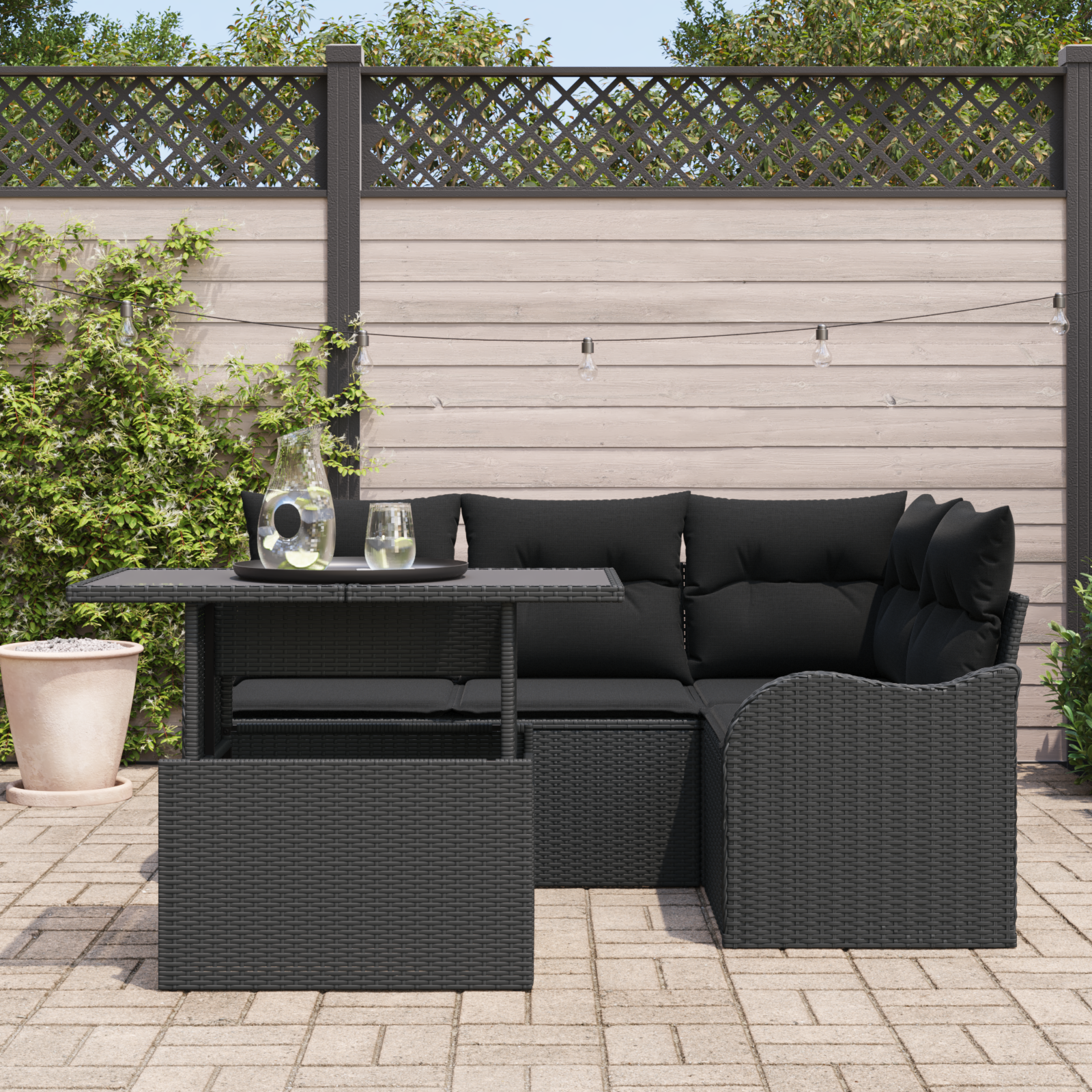 vidaXL 5-delige Tuinbankenset met kussens poly rattan zwart