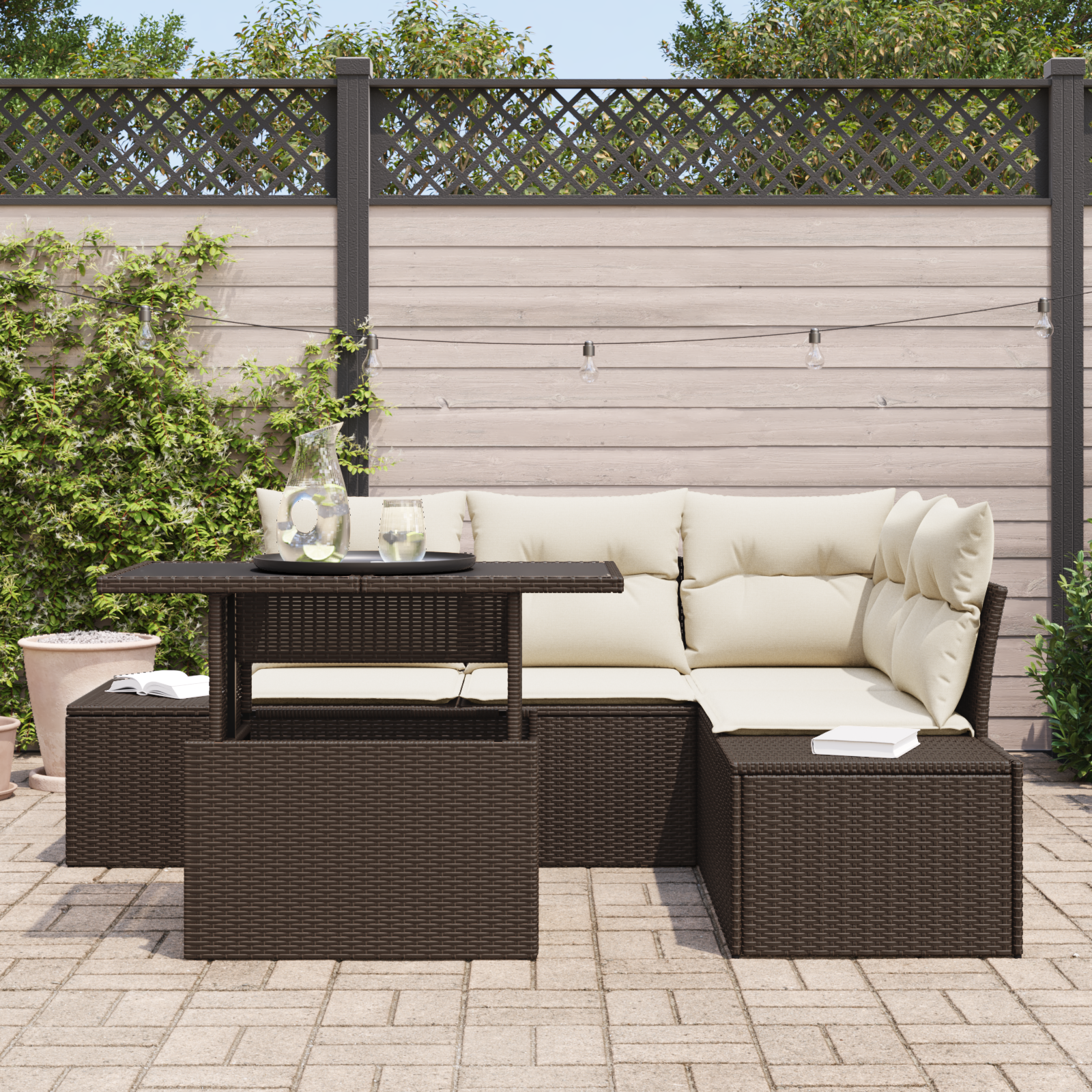 vidaXL 5-delige tuinset met kussens in bruin poly rattan