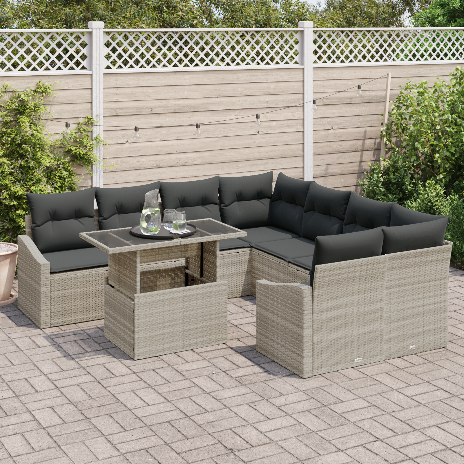 vidaXL 9-delige Tuinbankenset met kussens poly rattan lichtgrijs