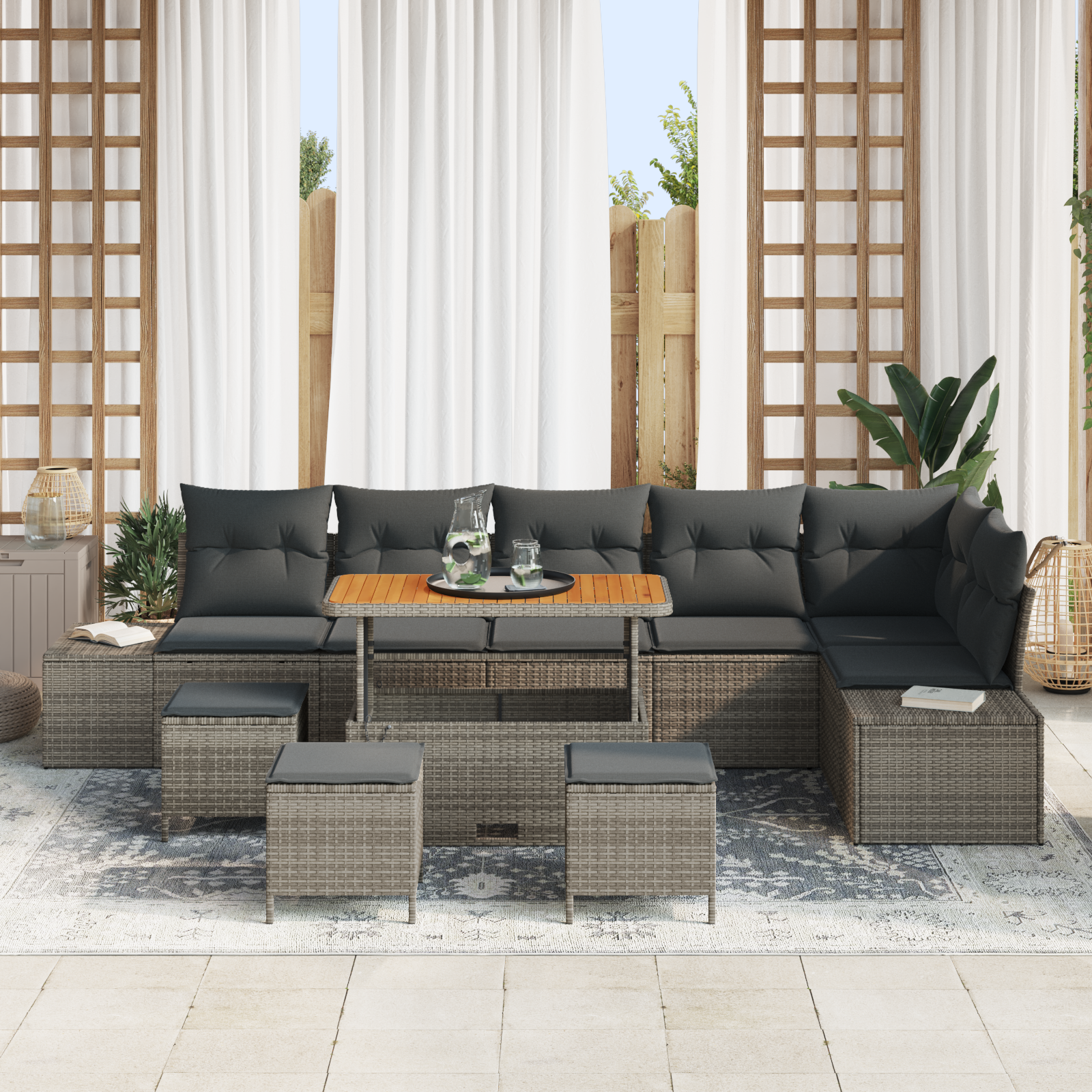 vidaXL 10-delige tuinsofa set met kussens in het grijs, gemaakt van poly rattan en acacia