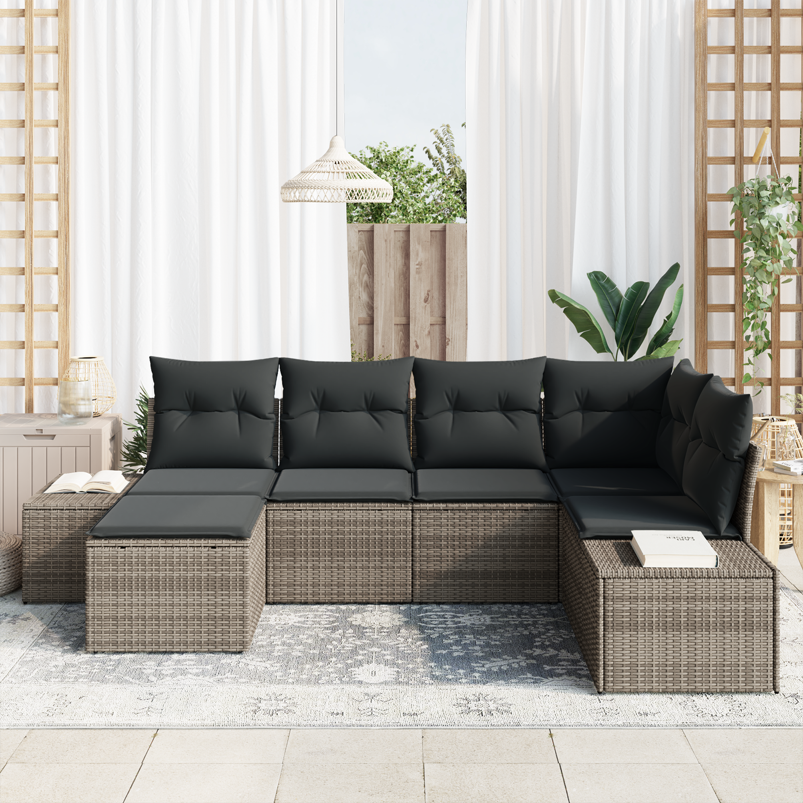 vidaXL 6-delige Tuinbankenset met kussens poly rattan grijs