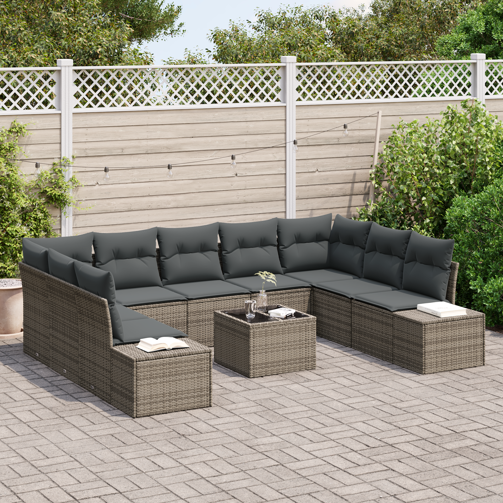 vidaXL 9-delige tuinset met kussens zwart poly rattan
