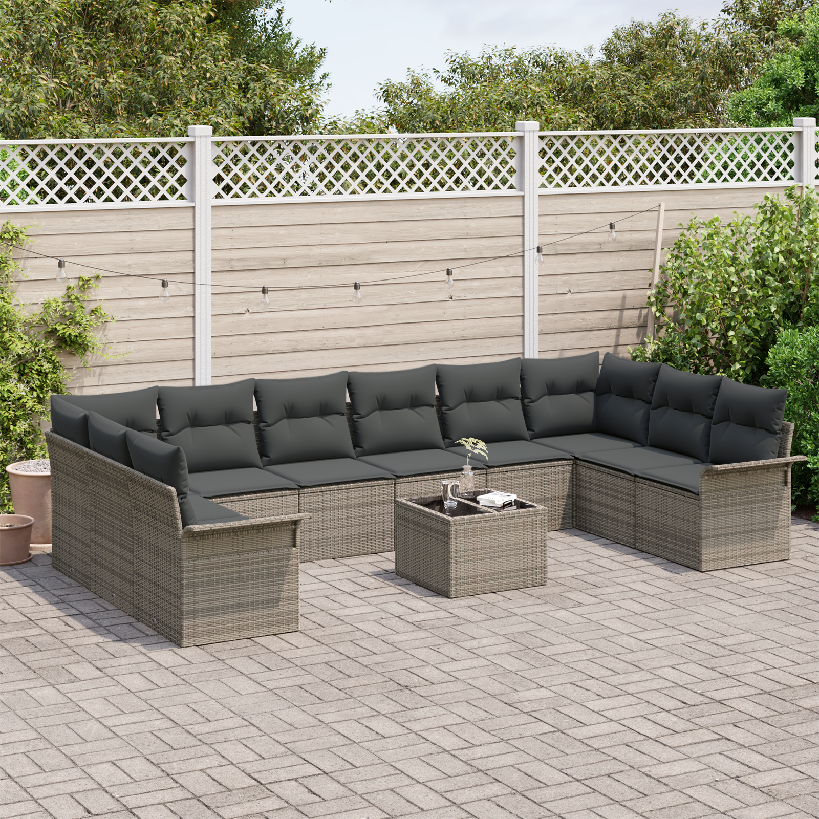 vidaXL 10-delige Tuinbankenset met kussens, poly rattan zwart