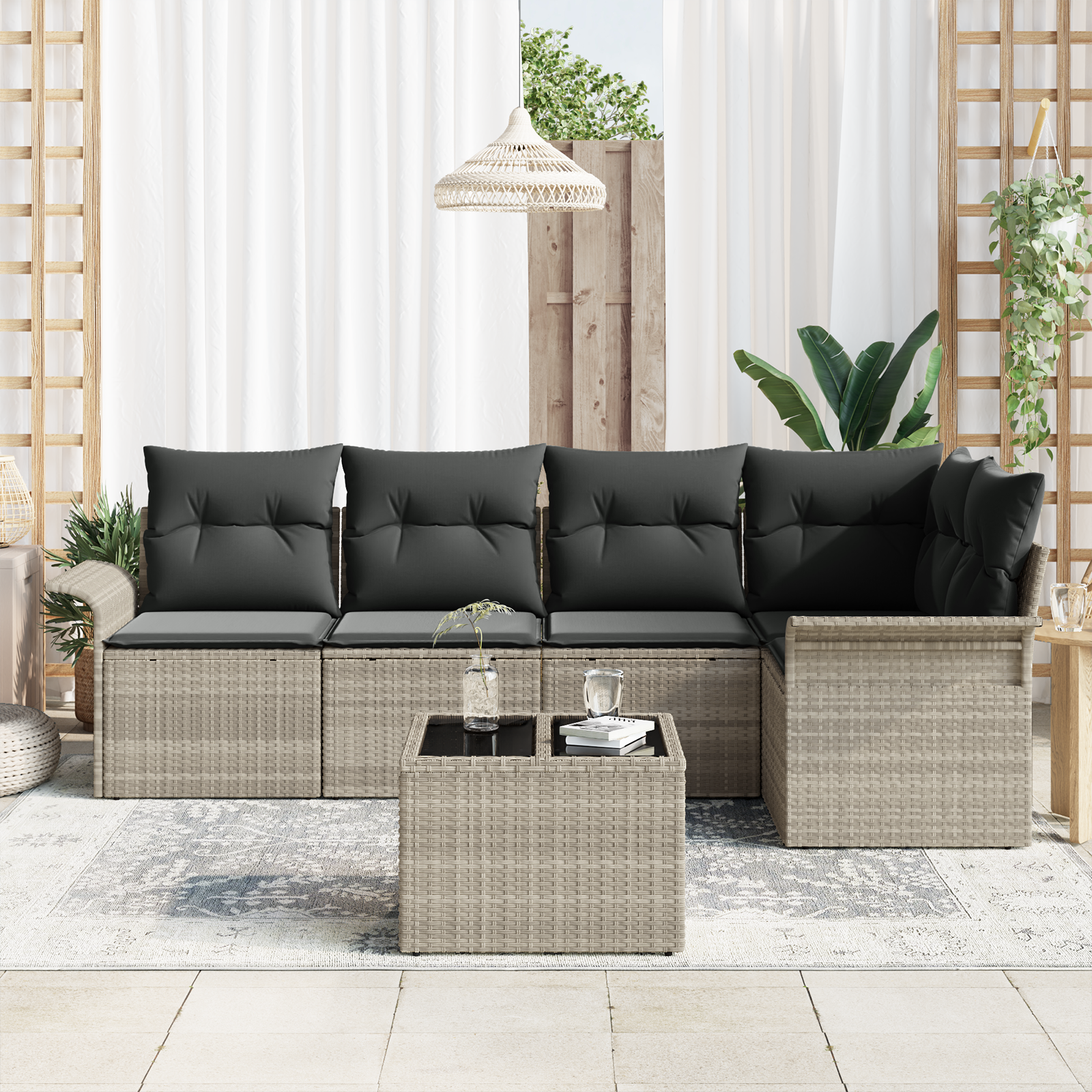 vidaXL 6-delige tuinset met kussens in grijs poly rattan