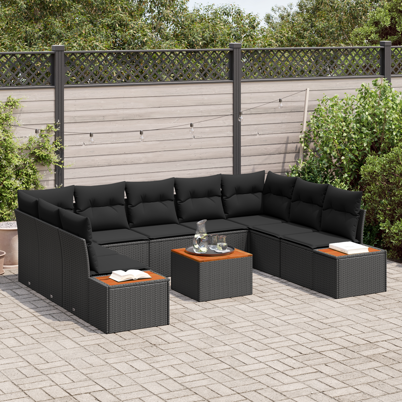 vidaXL 10-delige ligbed set met kussens - Zwart poly rattan & acacia