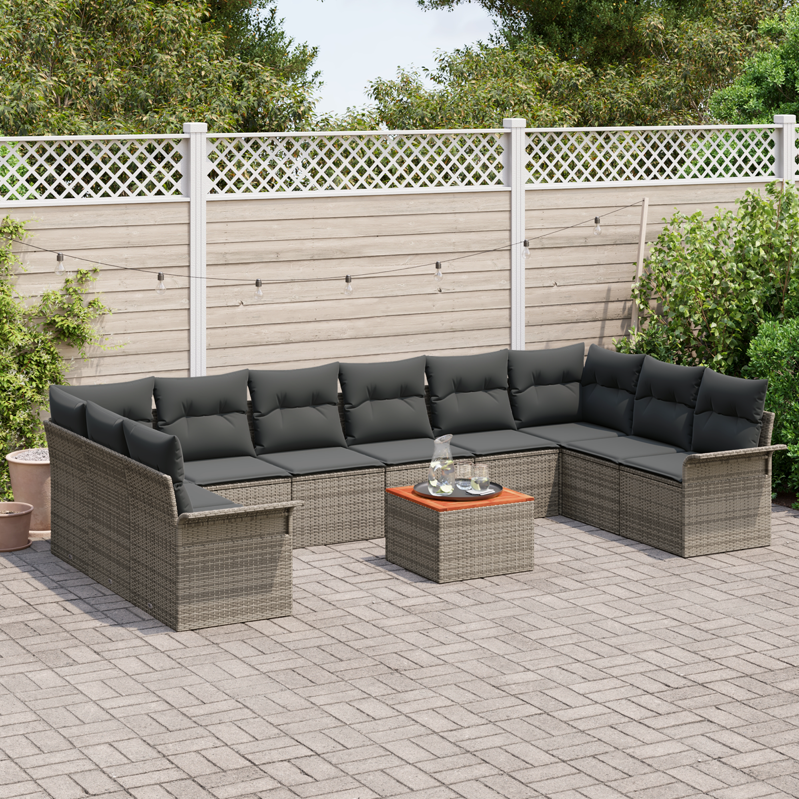 vidaXL 11-delige Tuinbankenset en kussens poly rattan acaciahout grijs