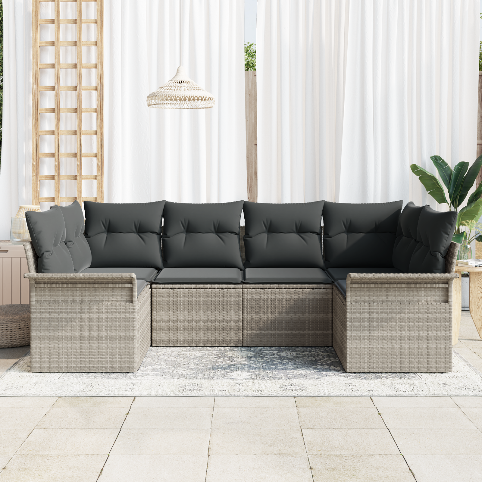 vidaXL 6-delige Tuinbankenset met kussens poly rattan lichtgrijs
