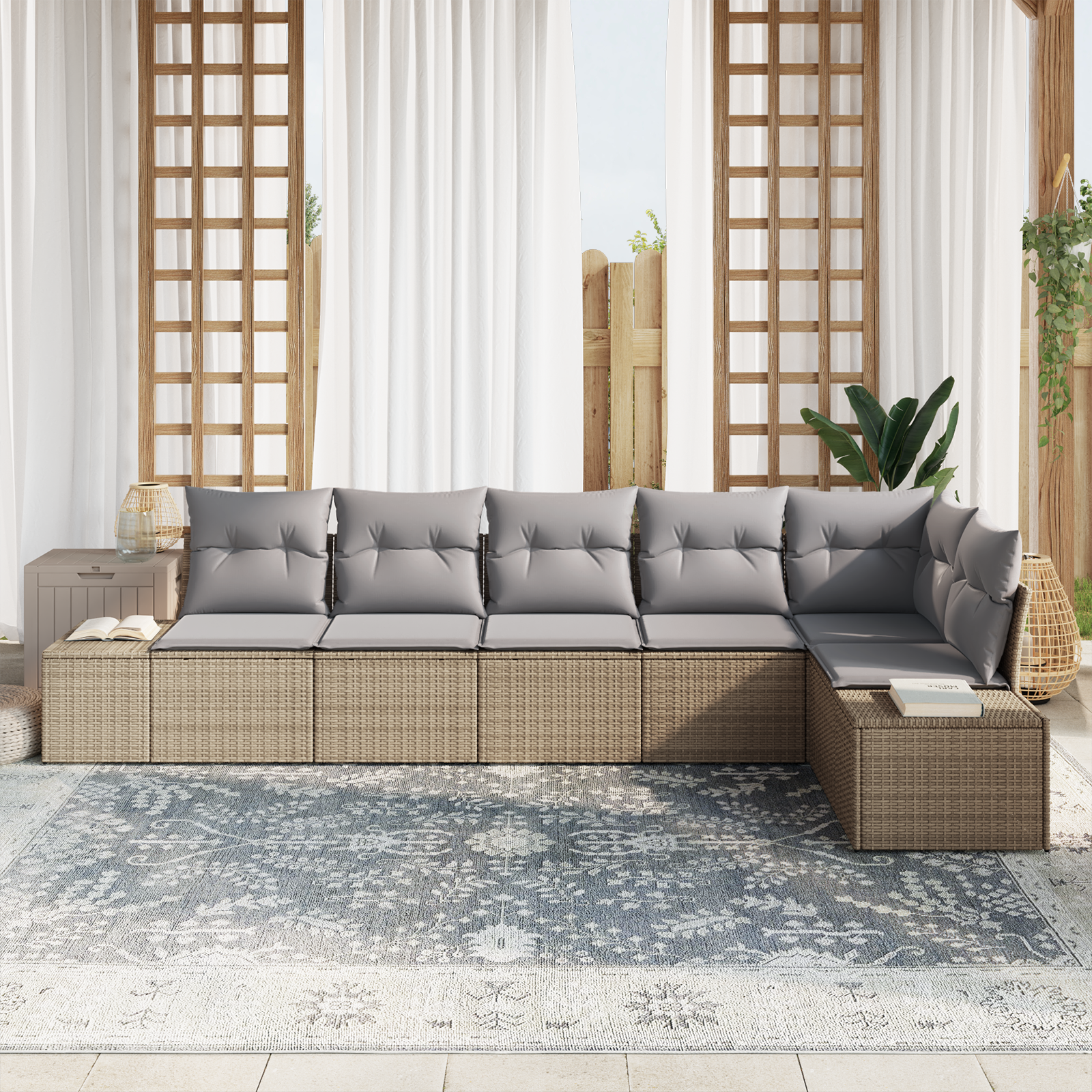 vidaXL 6-delige Tuinbankenset met kussens poly rattan beige