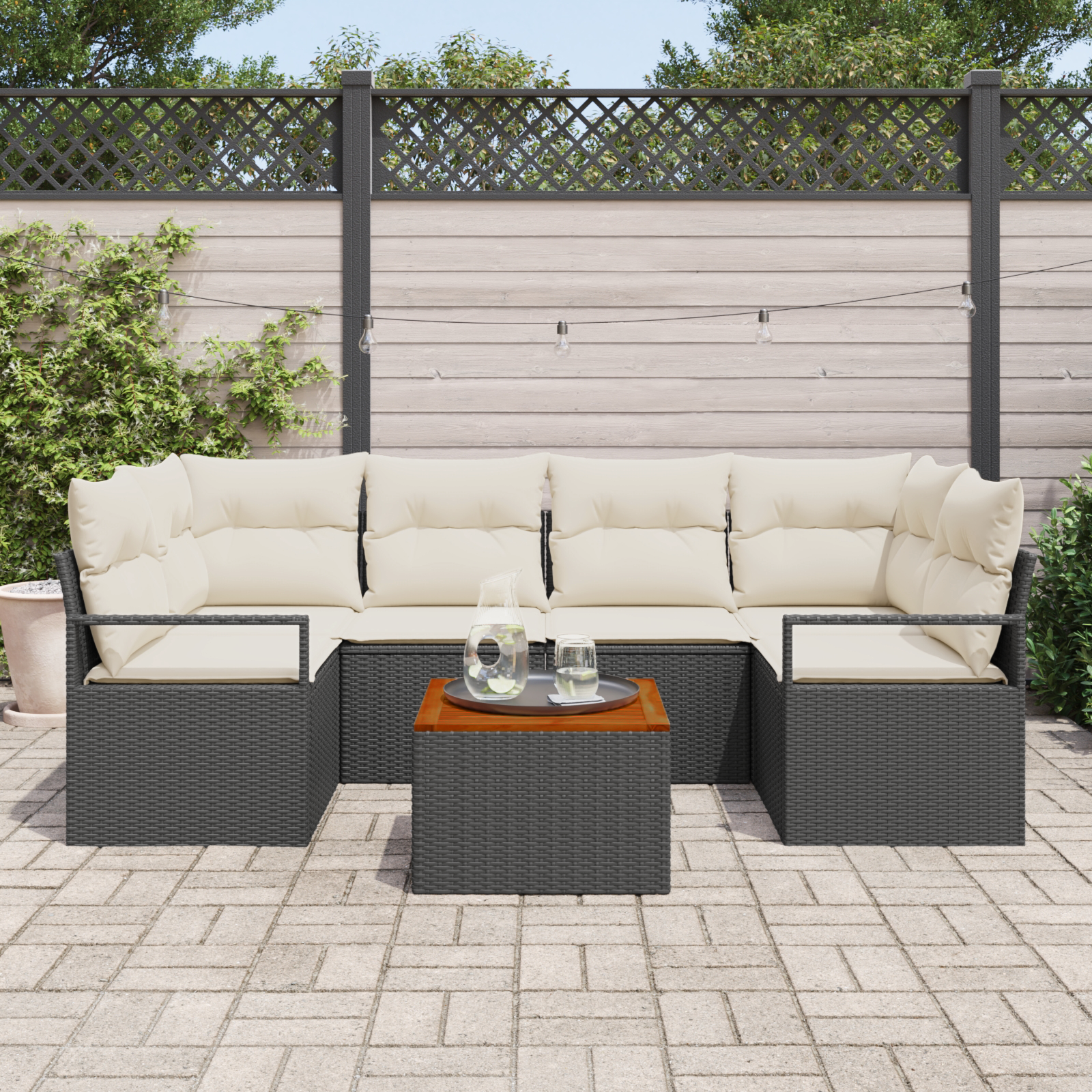 vidaXL 7-delige Tuinbankenset met kussens poly rattan acacia zwart