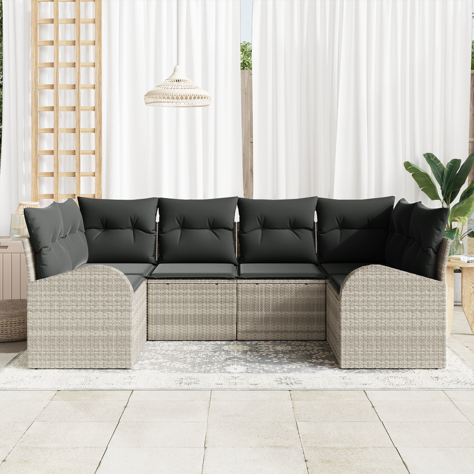 vidaXL 6-delige Tuinbankenset met kussens poly rattan lichtgrijs