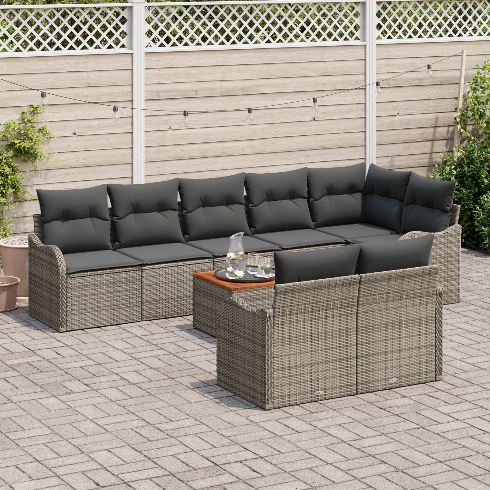 vidaXL 9-delige tuinset met kussens in grijs poly riet en acacia