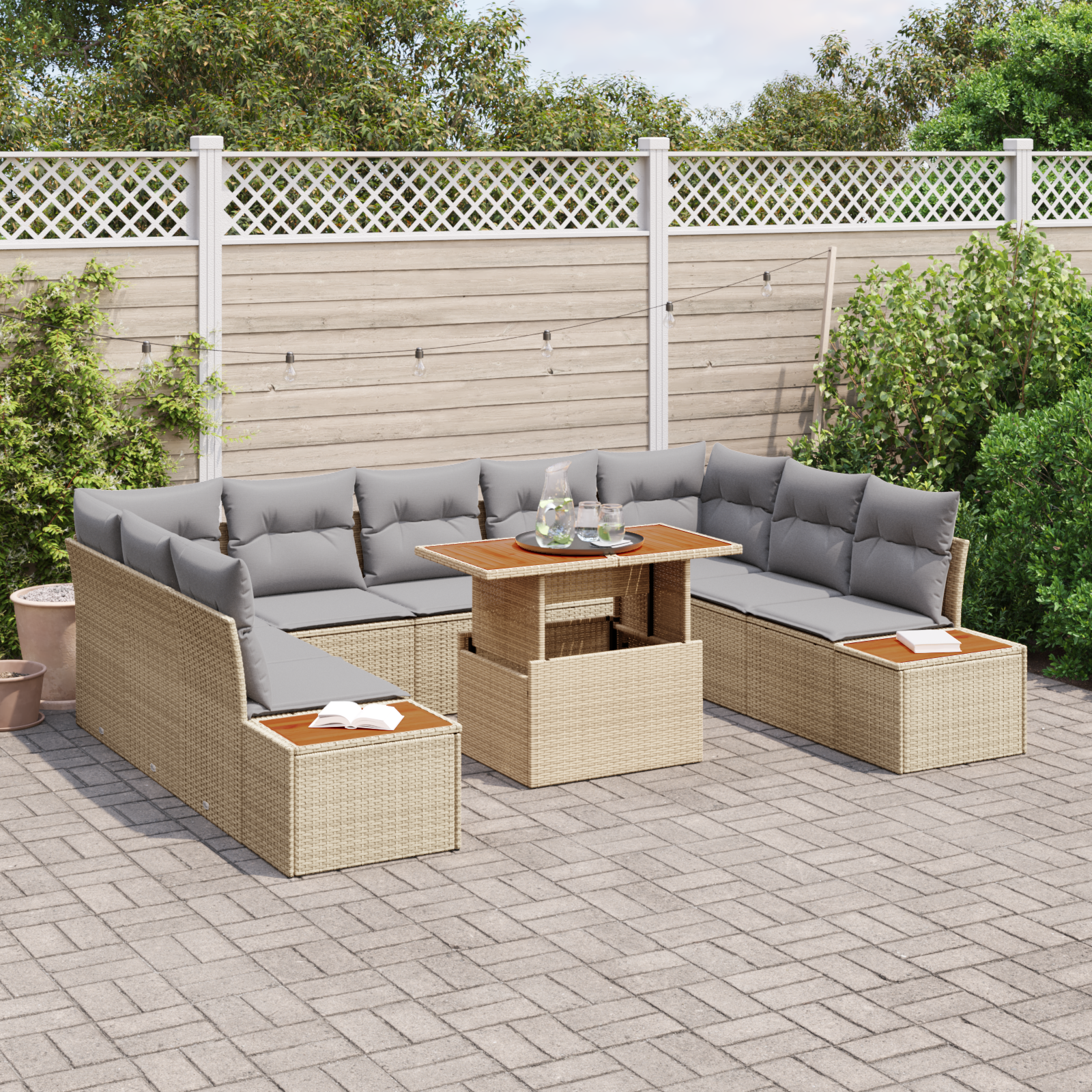 vidaXL 10-delige Tuinset met kussens poly rattan acaciahout beige