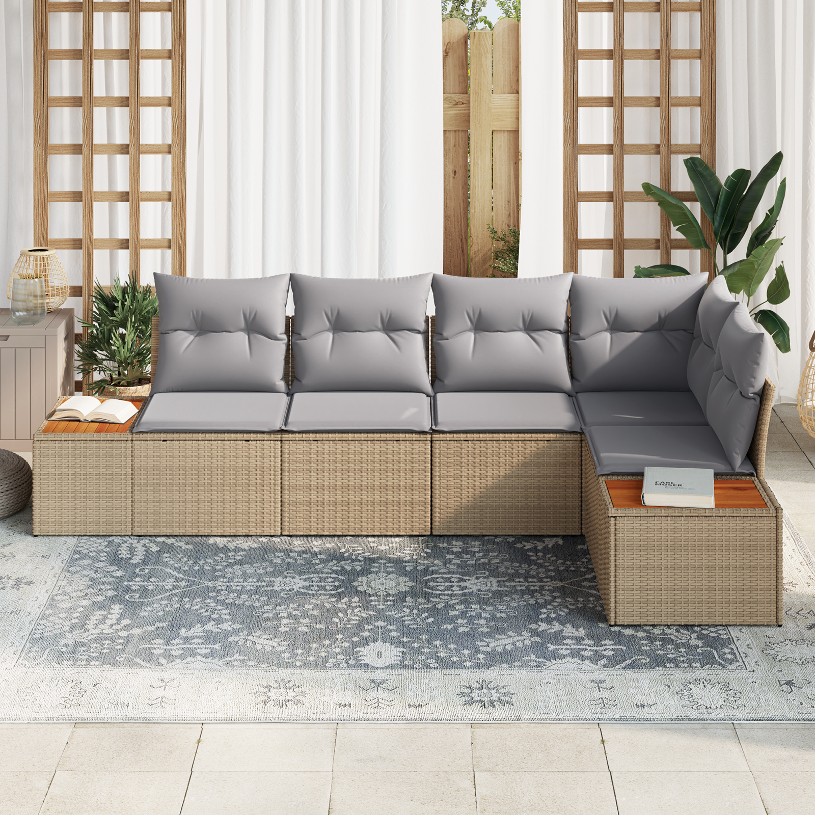 vidaXL 5-delige Tuinbankenset met kussens poly rattan beige