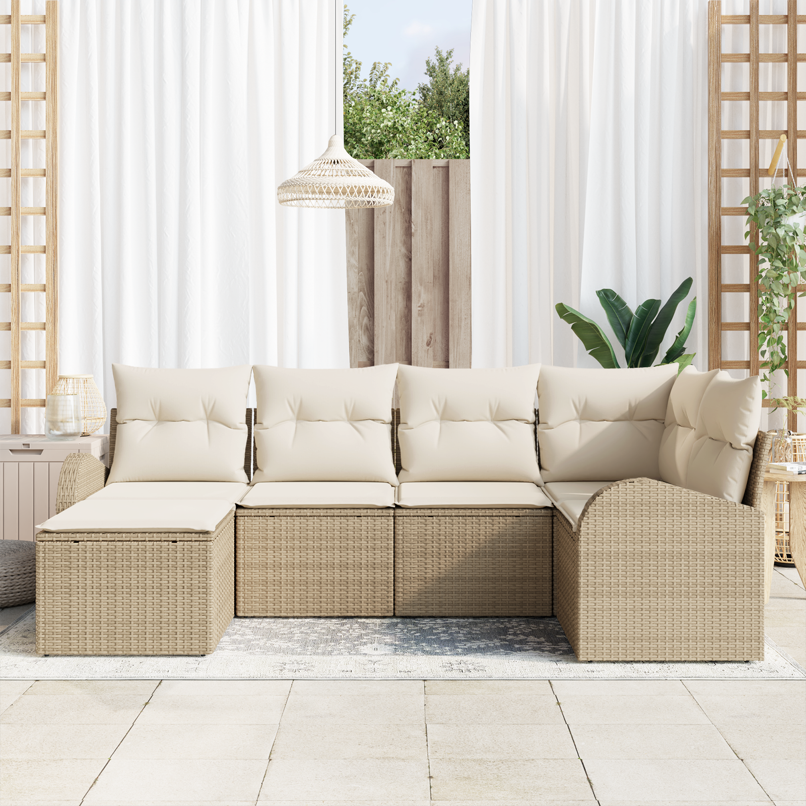 vidaXL 6-delige tuinset met kussens in beige poly rattan