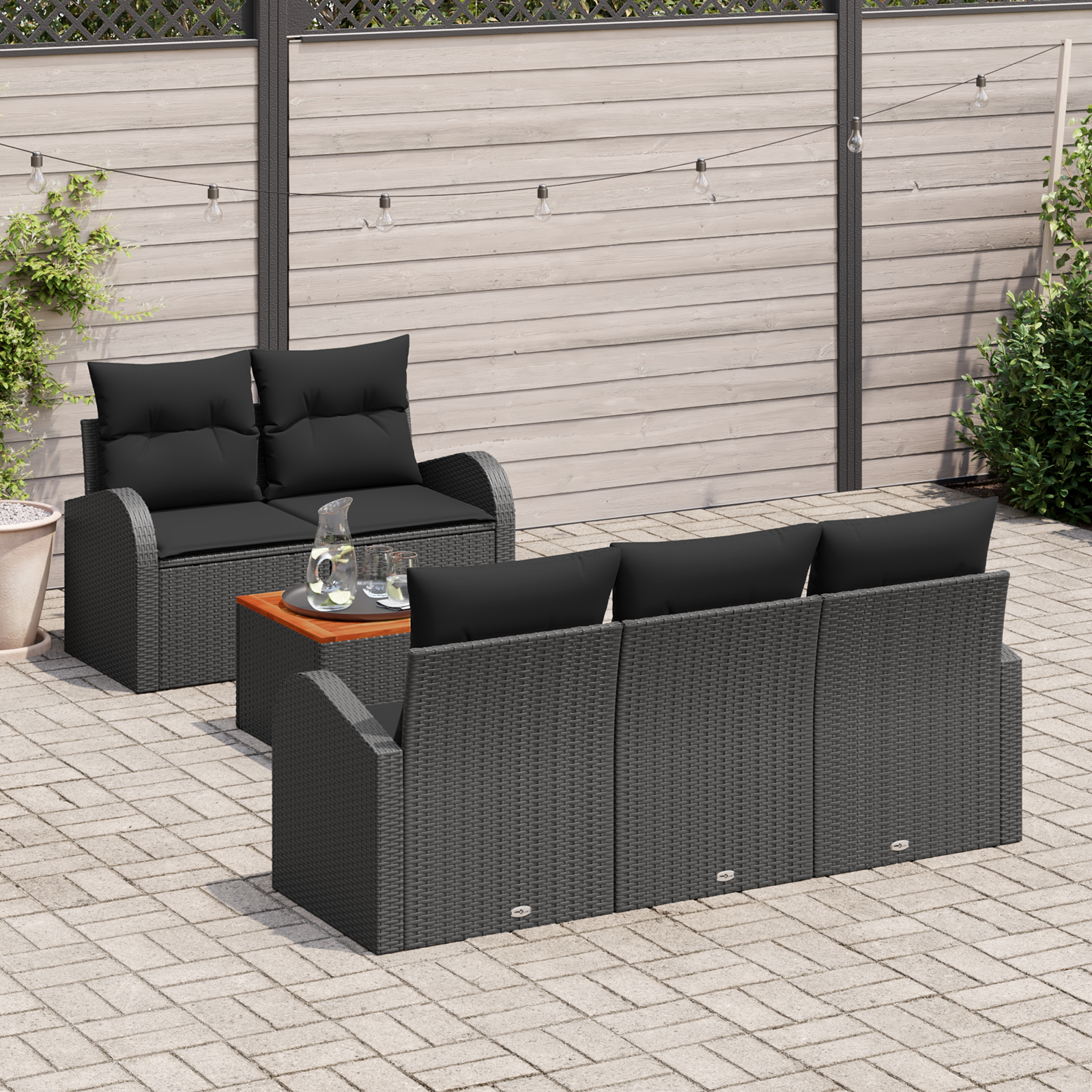 vidaXL 6-delige tuinset met kussens in zwart poly rattan en acacia