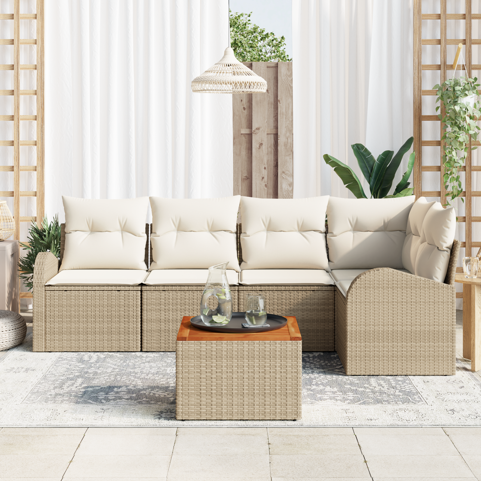 vidaXL 6-delige tuinset met kussens in beige poly rattan en acacia