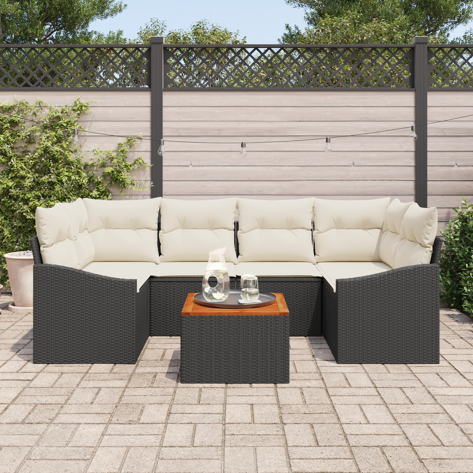 vidaXL 7-delige tuinset met kussens zwart poly rattan acacia