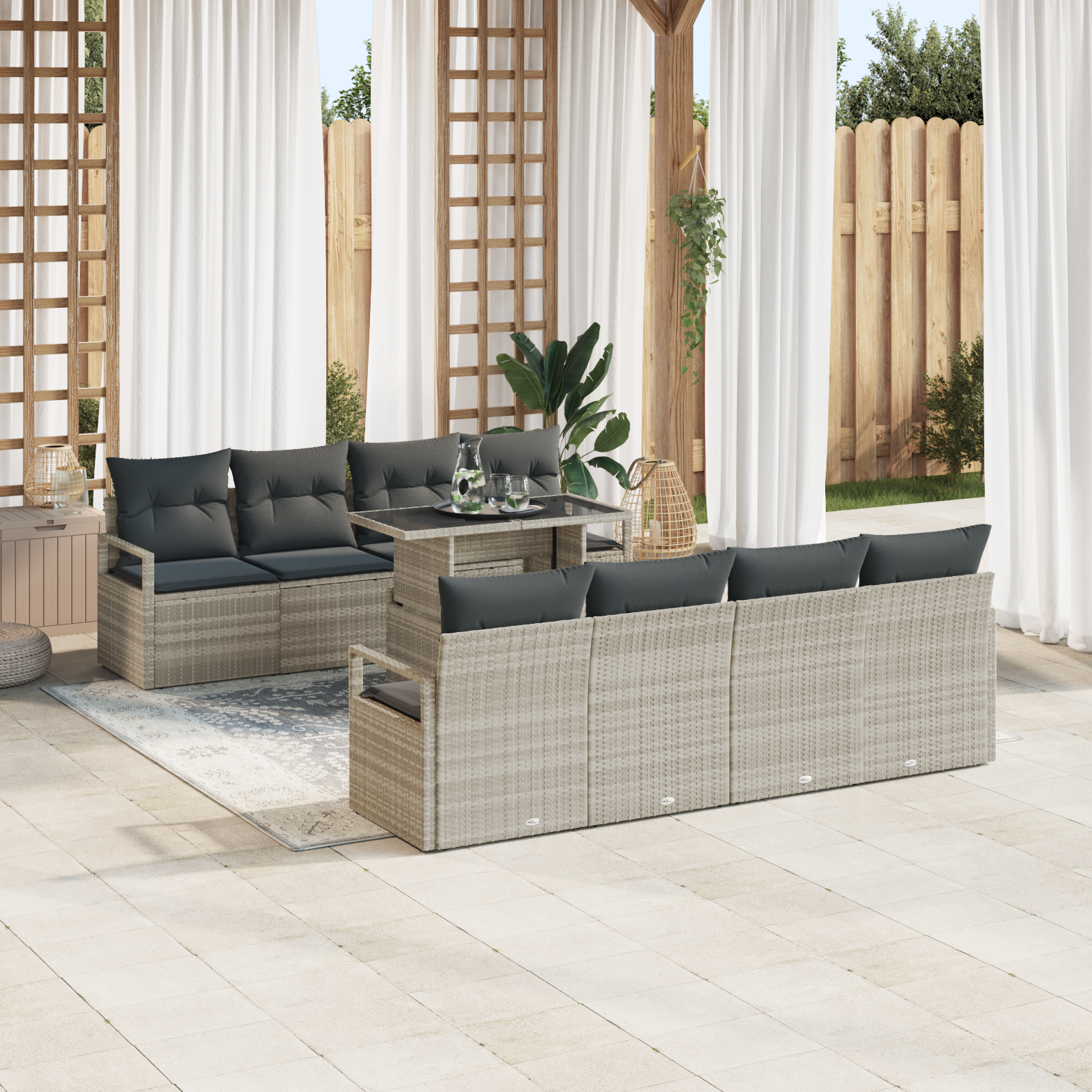 vidaXL 9-delige tuinset met kussens in lichtgrijs poly rattan