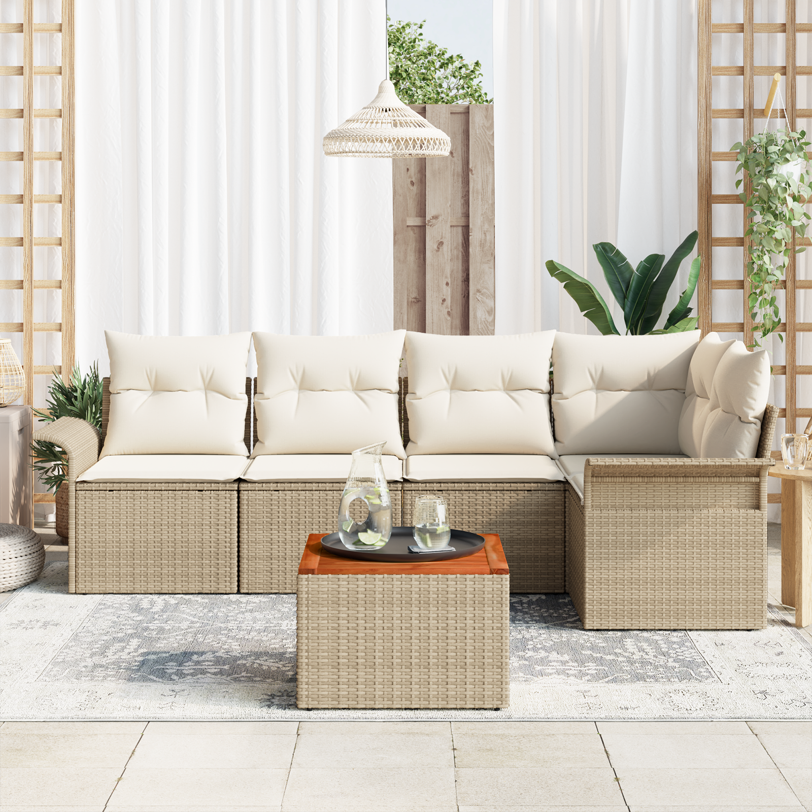vidaXL 6-delige Tuinbankenset met kussens poly rattan acaciahout beige