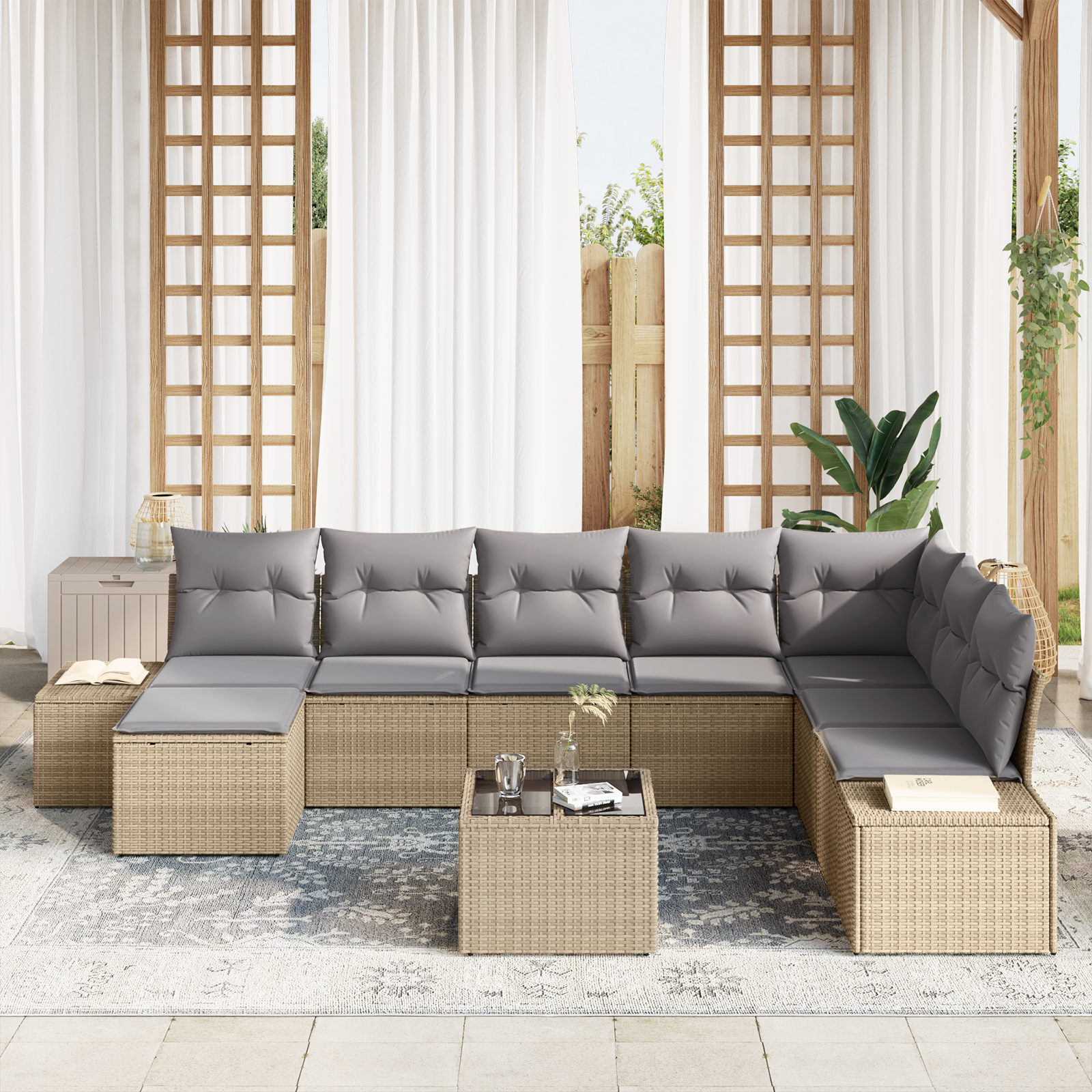 vidaXL 9-delige tuinsofa set met kussens zwart poly rattan