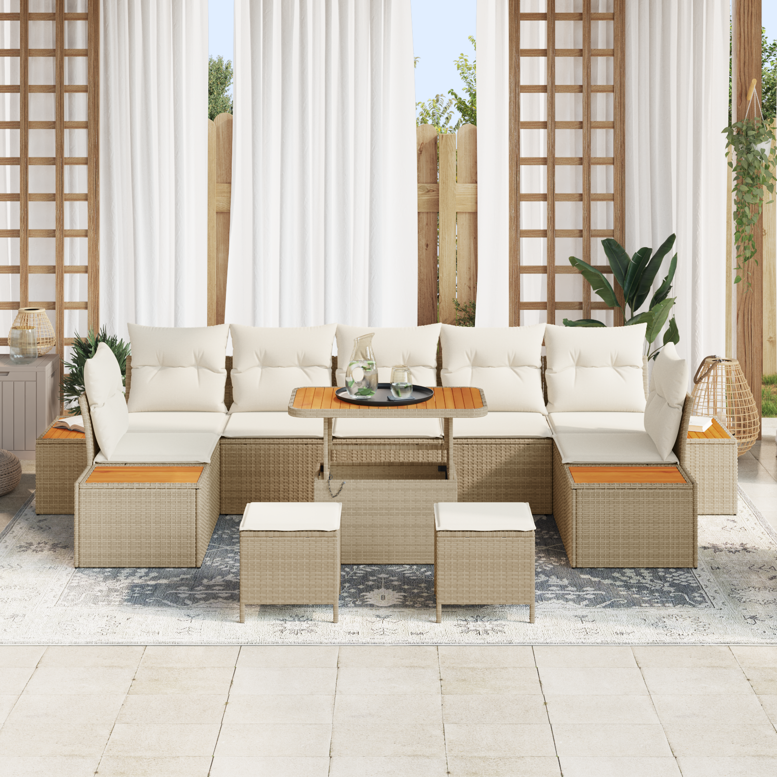 vidaXL 10-delige tuinset met kussens in beige poly rattan en acacia