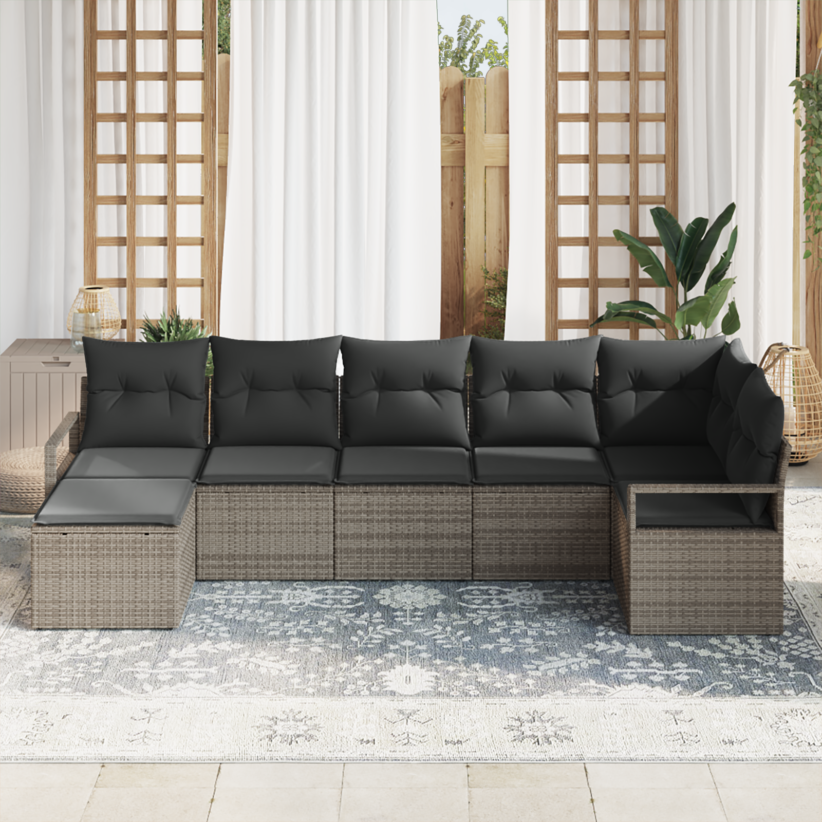 vidaXL 7-delige Tuinbankenset met kussens poly rattan grijs