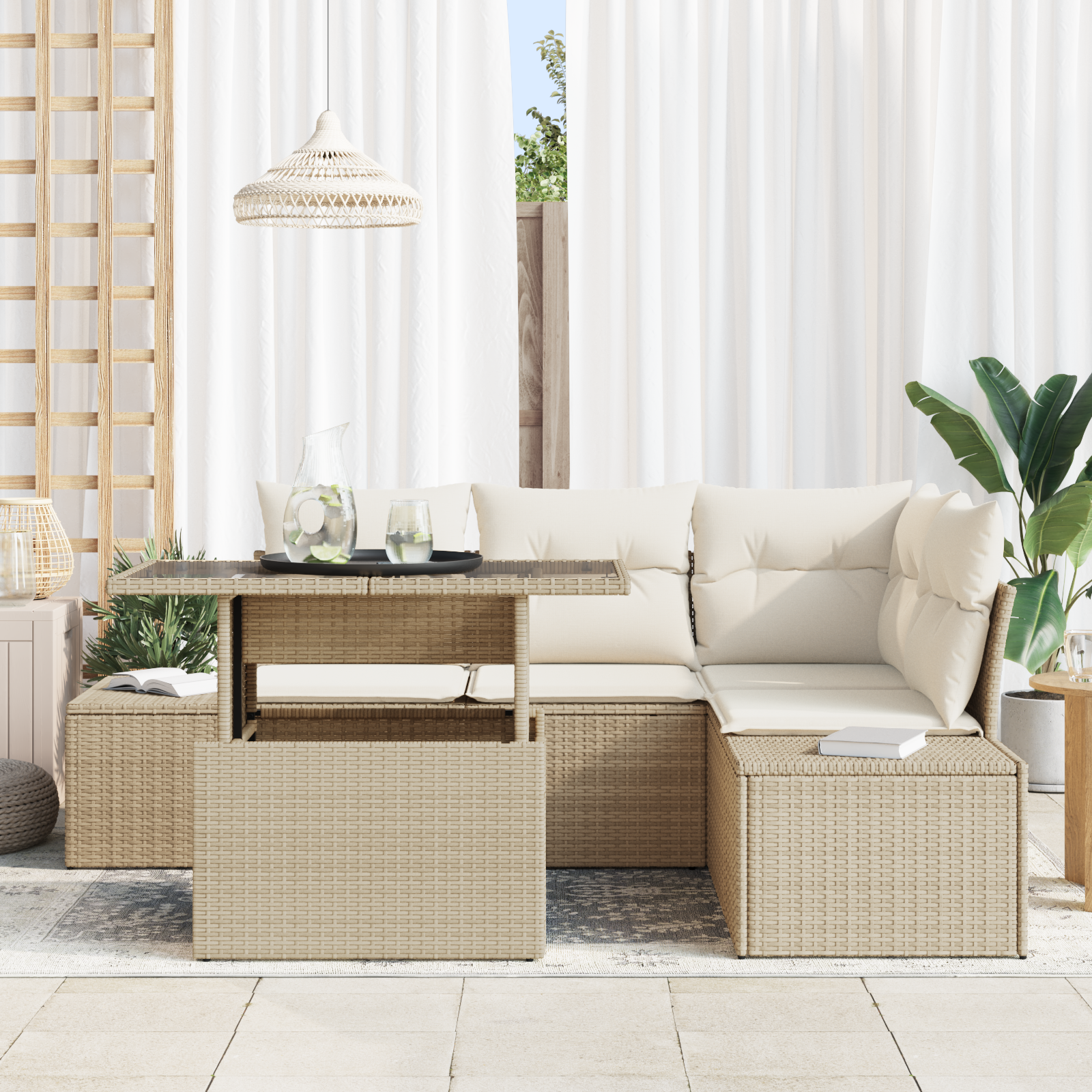 vidaXL 5-delige Tuinbankenset met kussens poly rattan beige