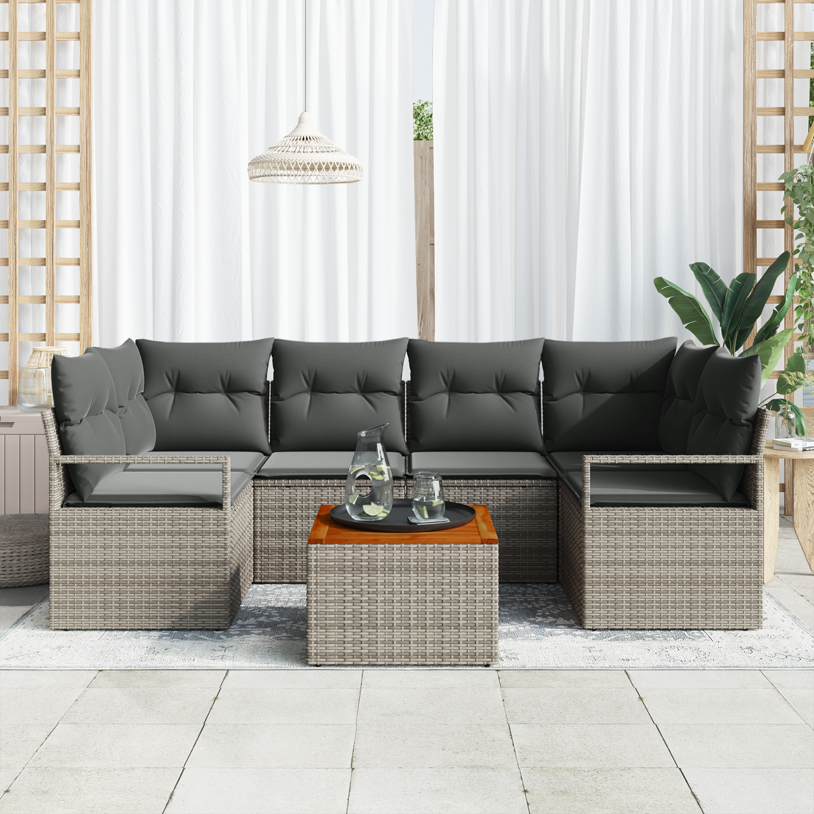 vidaXL 7-delige Tuinbankenset met kussens poly rattan acacia grijs