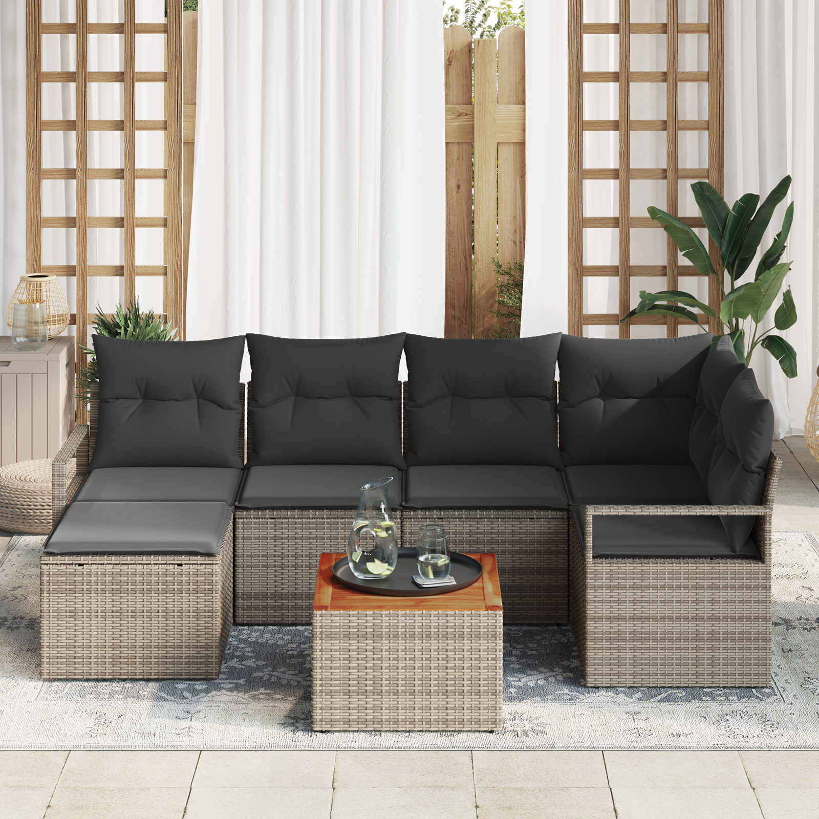 vidaXL 7-delige tuinset met kussens grijs poly rattan acacia