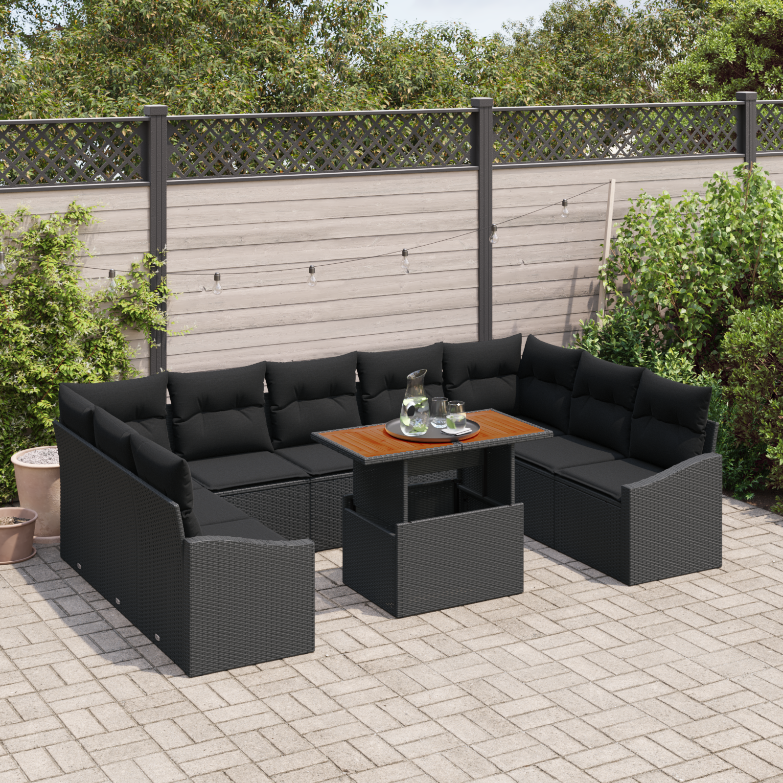 vidaXL 10-delige Tuinset met kussens poly rattan acaciahout zwart