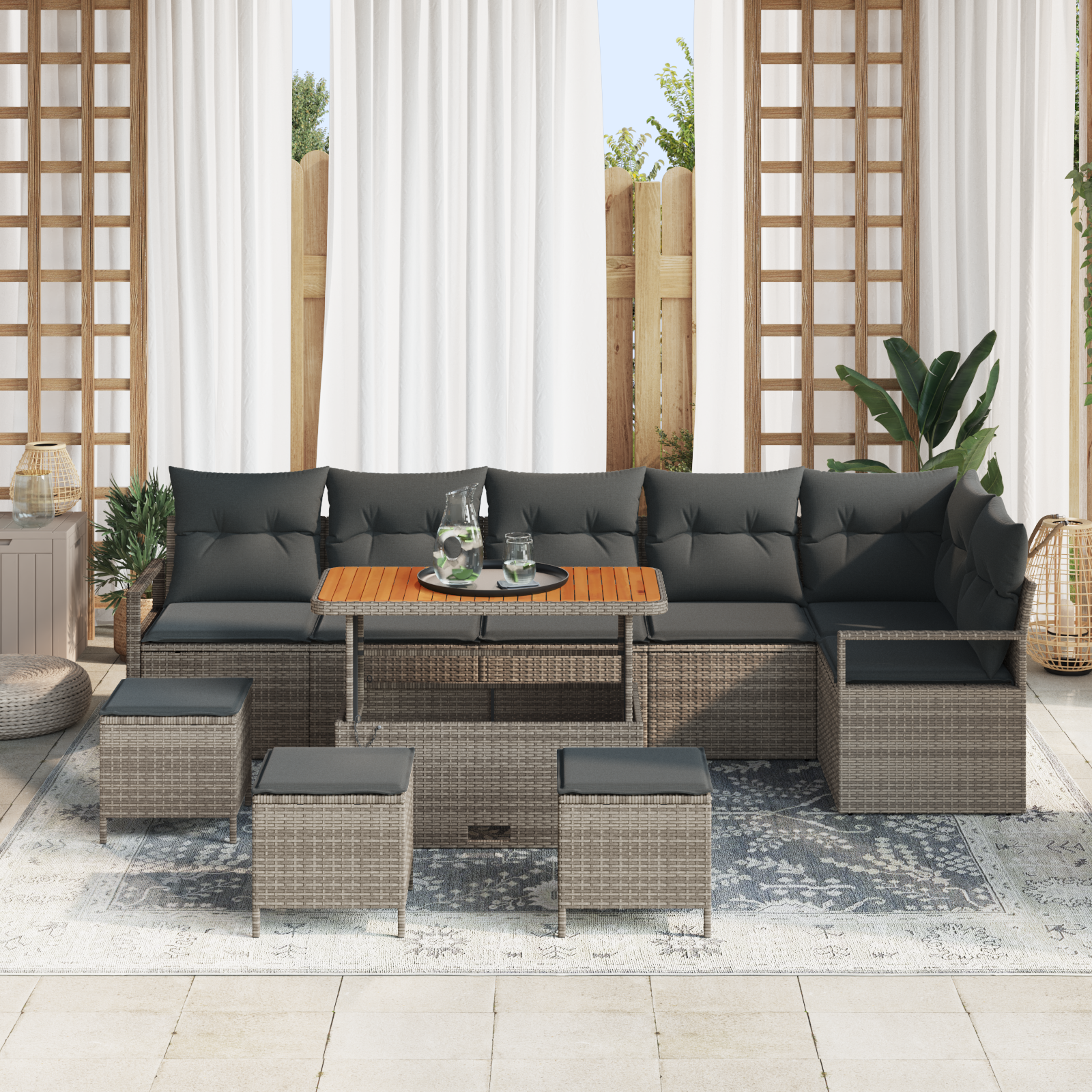vidaXL 10-delige tuinset met kussens - Grijs Poly Rattan en Acacia
