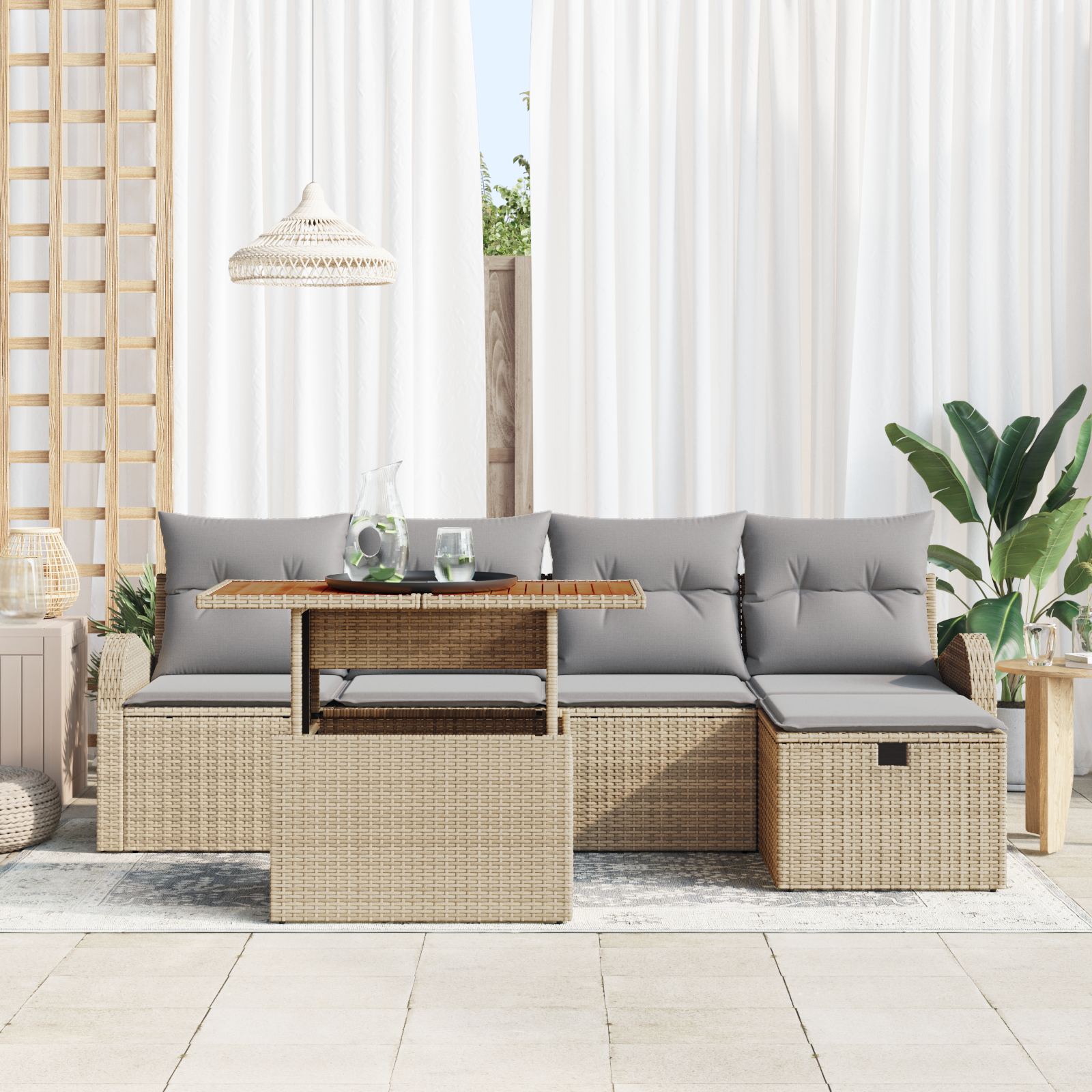 vidaXL 6-delige tuinset met kussens in beige poly rattan