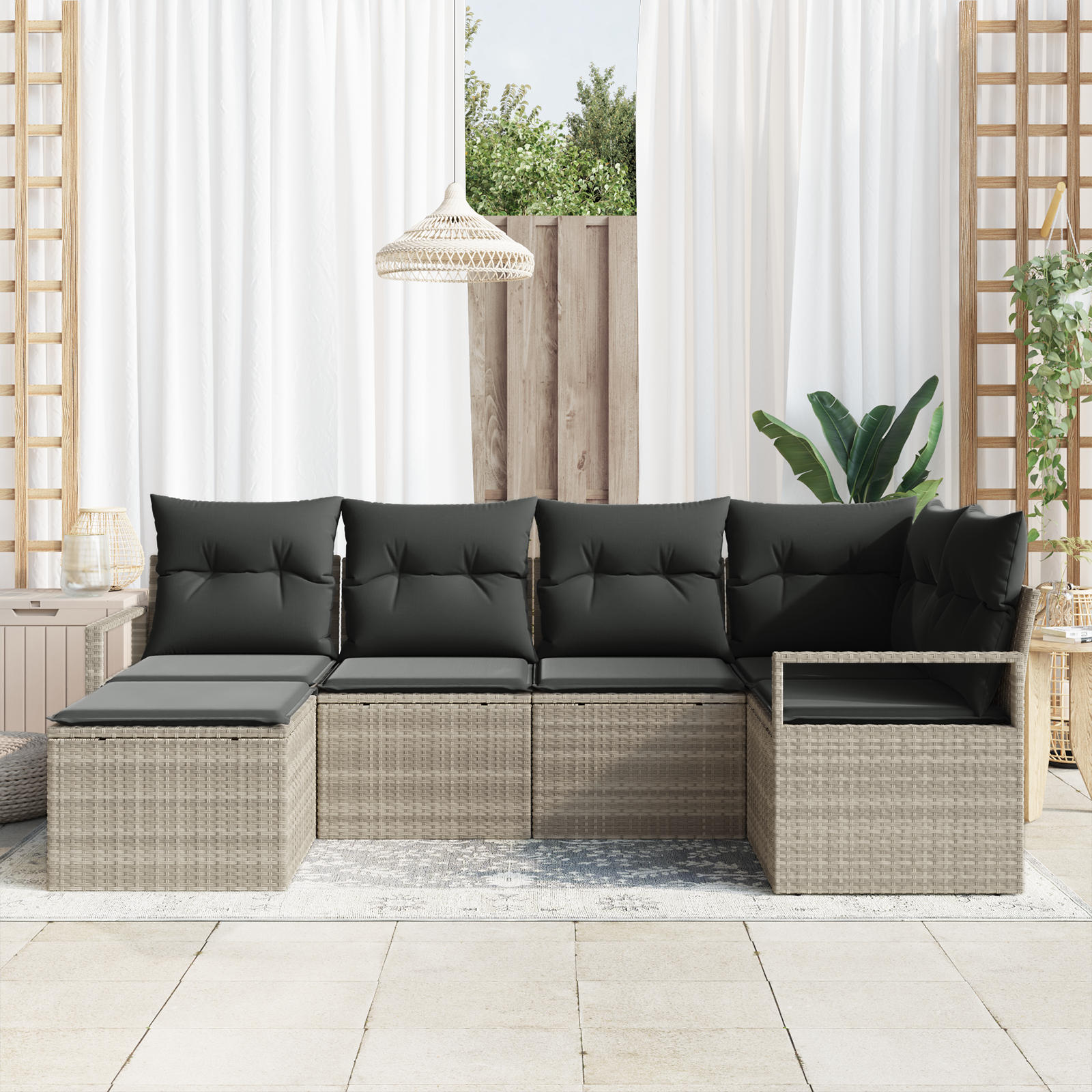 vidaXL 6-delige tuinset met kussens in lichtgrijs poly rattan