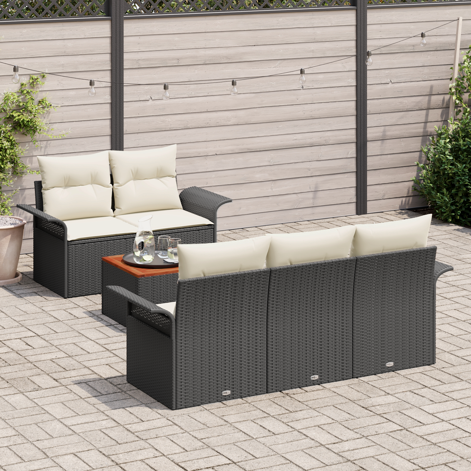 vidaXL 6-delige Tuinbankenset met kussens poly rattan acaciahout zwart